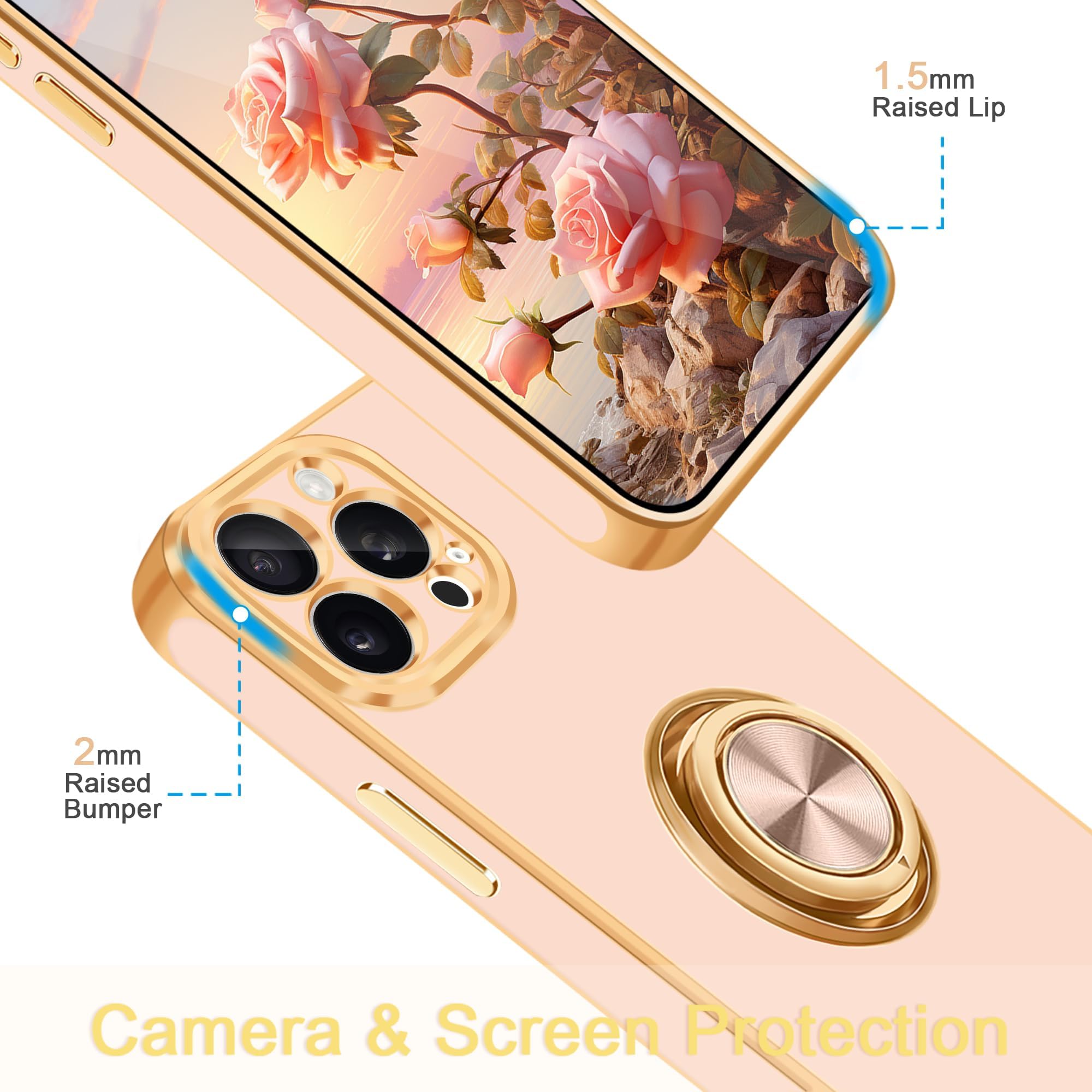 Fingic For Iphone 15 Pro Phone Case[With 360 Ring Holder][Support Magnetic Car Mount] Cute Kickstand Slim For Women Nonslip Soft