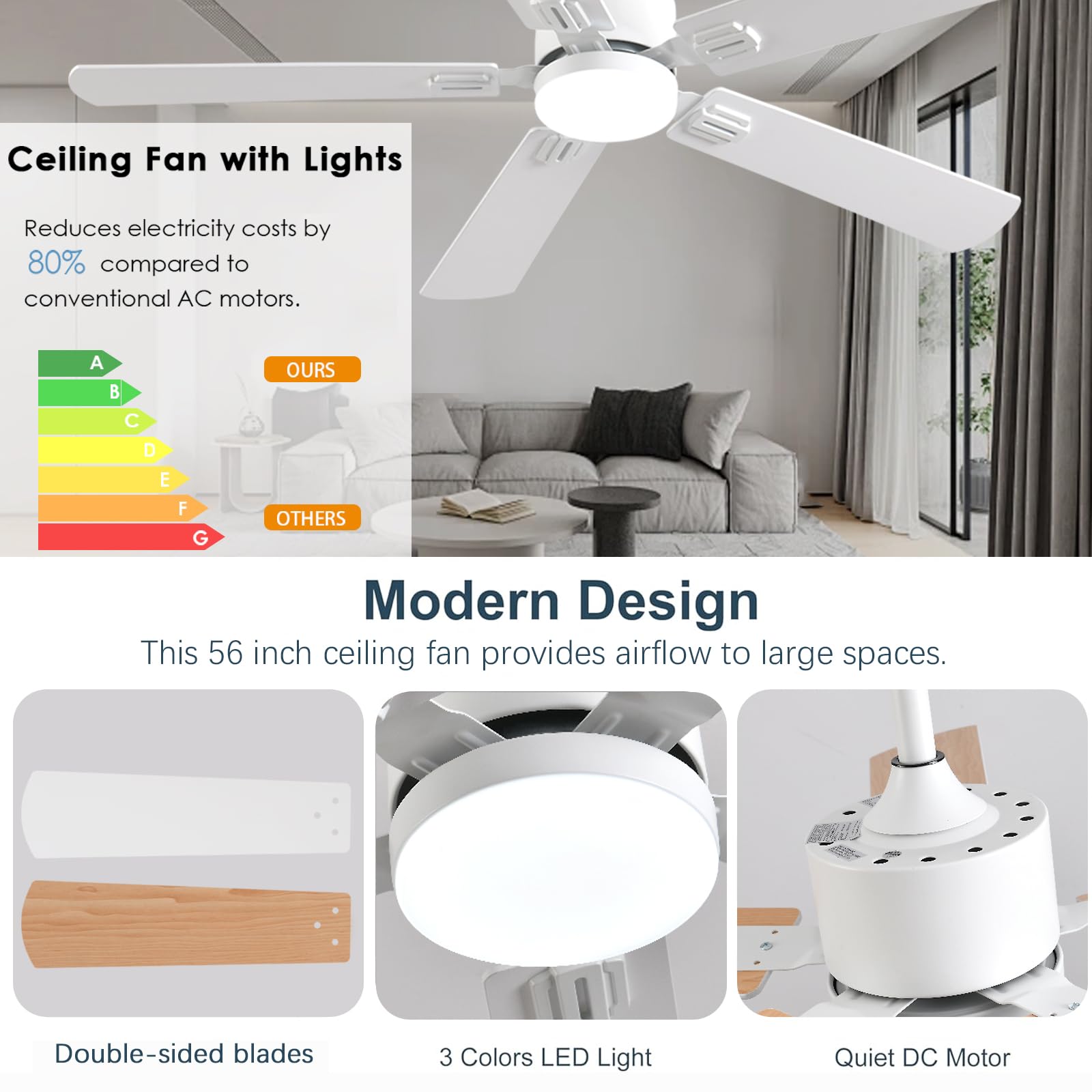 Fumltp 56Inch Modern White Ceiling Fans With Lights And Remote/App Control, Dimmable Led, Reversible Dc Motor, Noiseless, 6 Spee