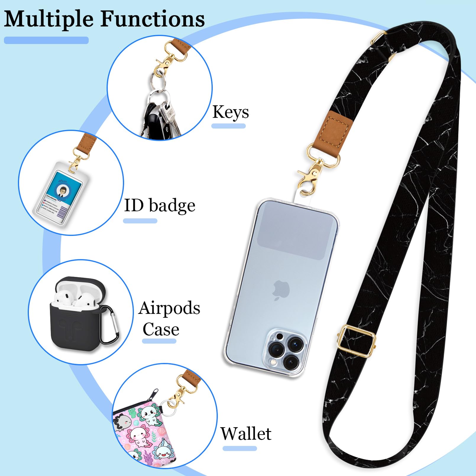 Phone Lanyard Crossbody Wrist Strap, Black Marble Adjustable Cell Phone Lanyard Wristlet Phone Strap With 2 Phone Tether Tabs, N