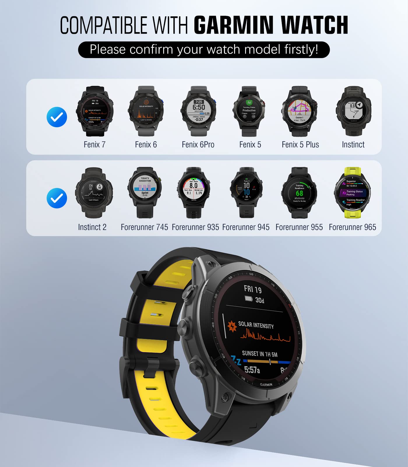 MoKo Watch Strap Compatible with Garmin Fenix 7/7 Pro/6/6 Pro/5/5 Plus/Forerunner 965/955/945/Instinct Solar/Instinct 2, Quick Fit 22mm Soft Silicone Replacement Band Sport Wristband, Black/Yellow