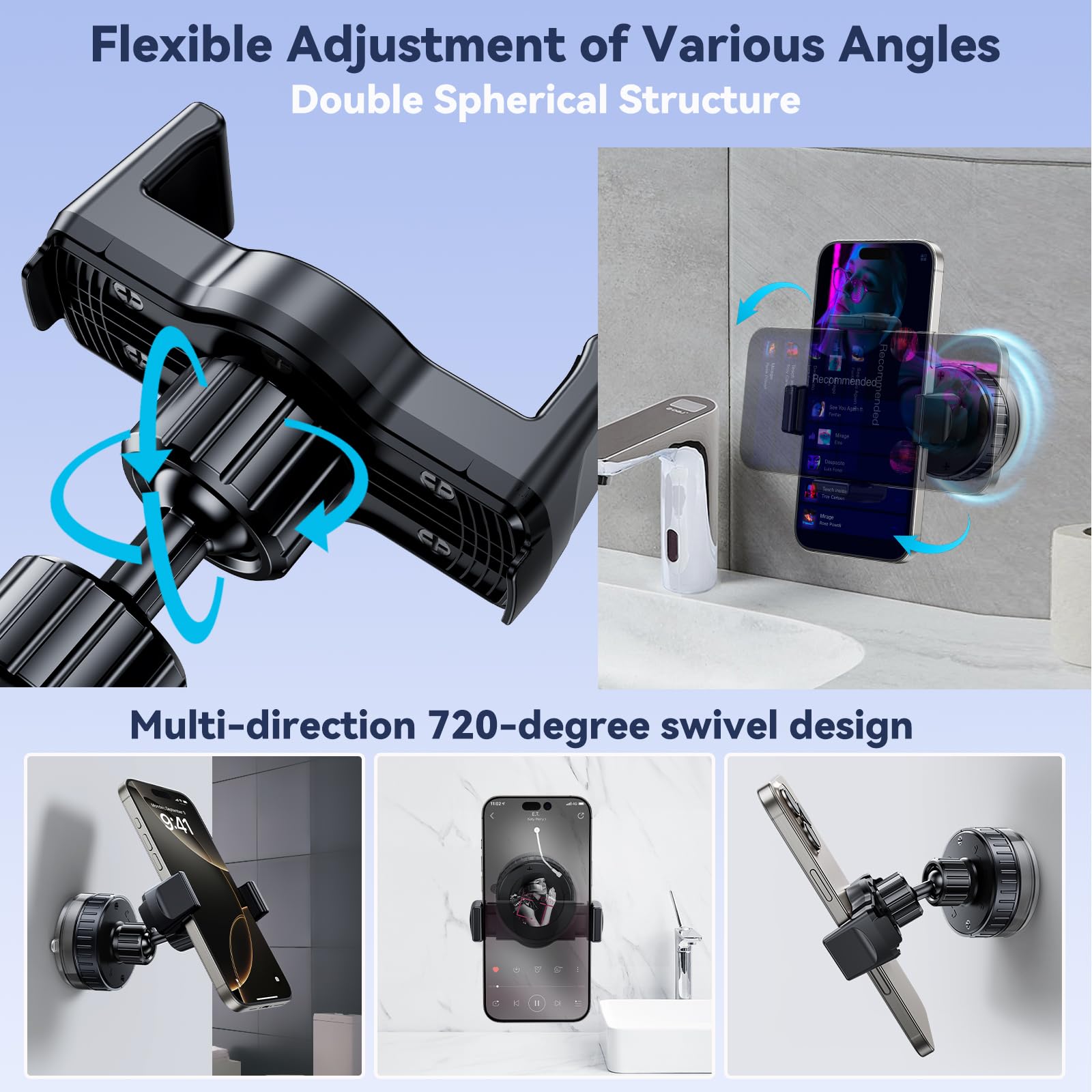 Nediea Vacuum Suction Cup Phone Mount, Hands-Free Shower Cell Phone Holder, 720 Degree Adjustable Phone Suction Grip Stand For M