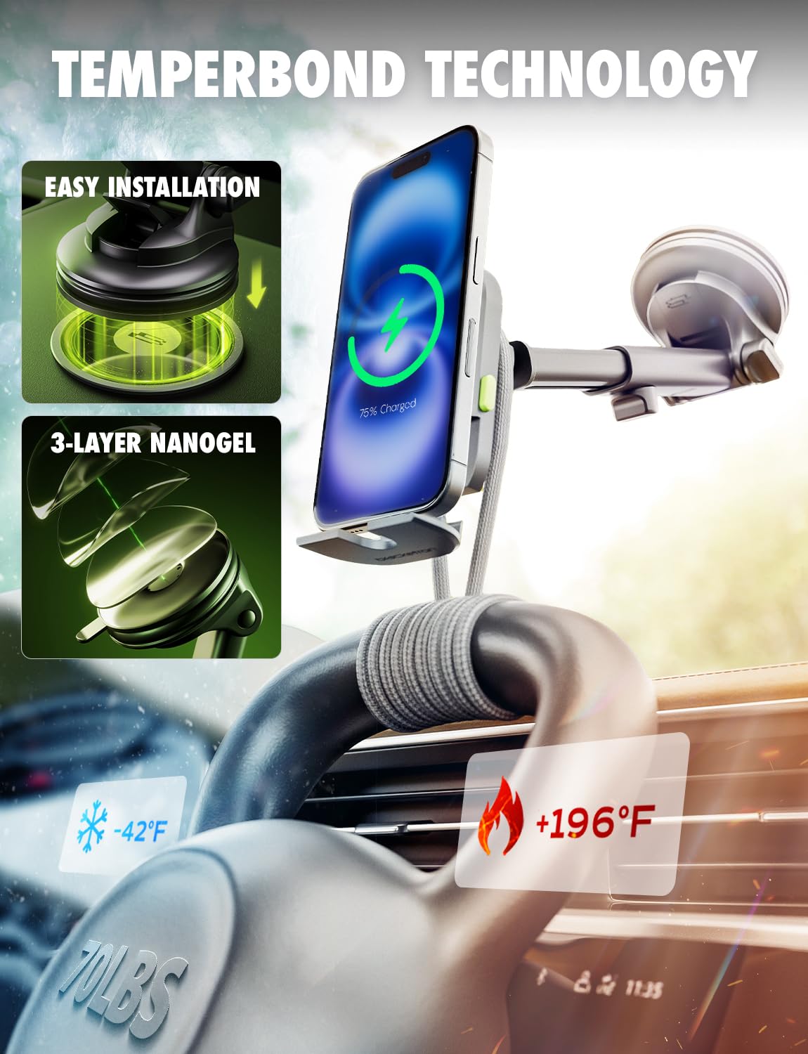 Bracketron Magalign Extend 15W Magsafe Car Mount Charger, Magnetic Car Phone Holder Charger Wireless Car Charger For Iphone 16 P