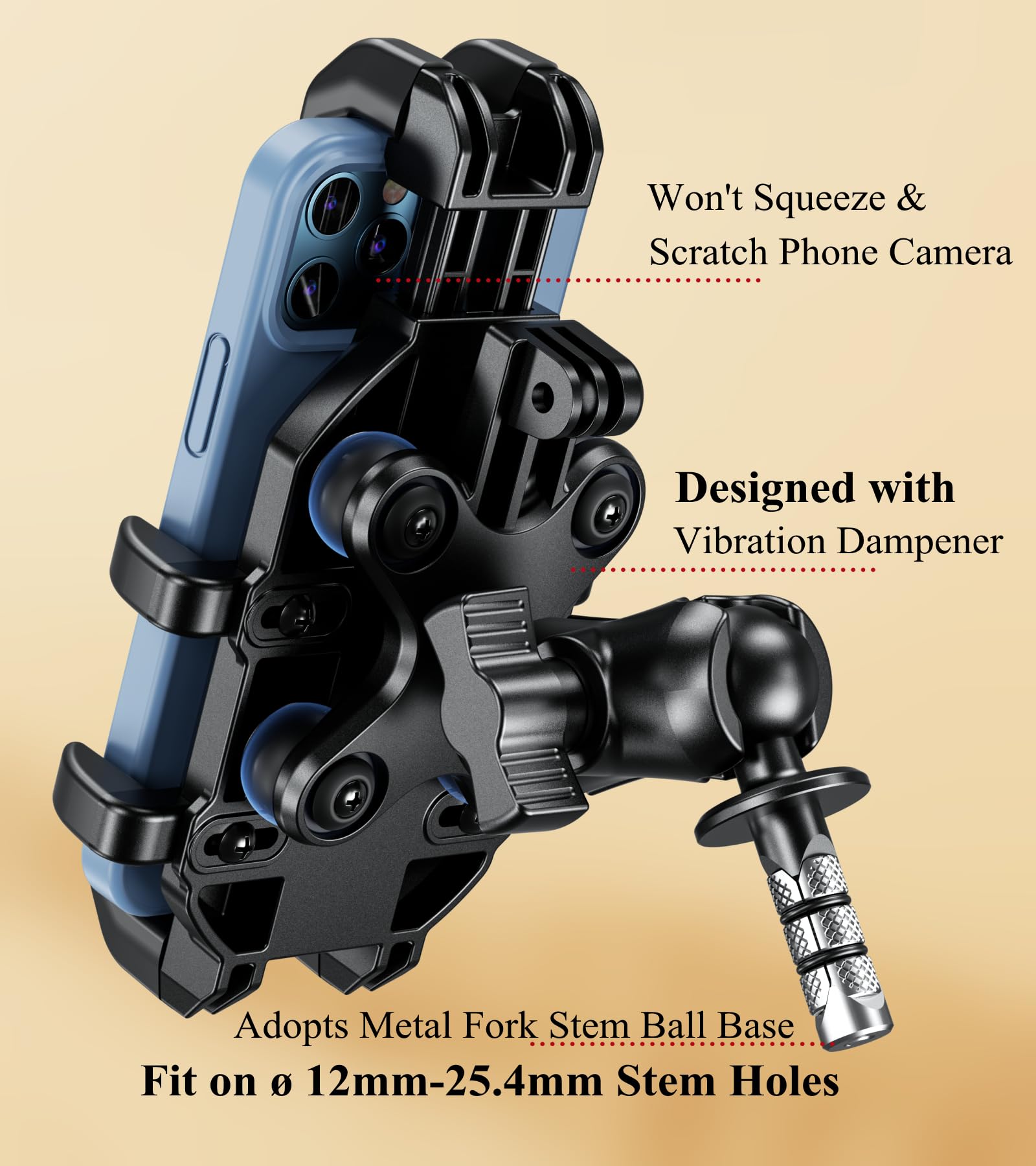 Brcovan Motorcycle Fork Stem Phone Mount With Vibration Dampener, Adjustable Heavy Duty Motorcycle Cellphone Holder Fit Stem Tub