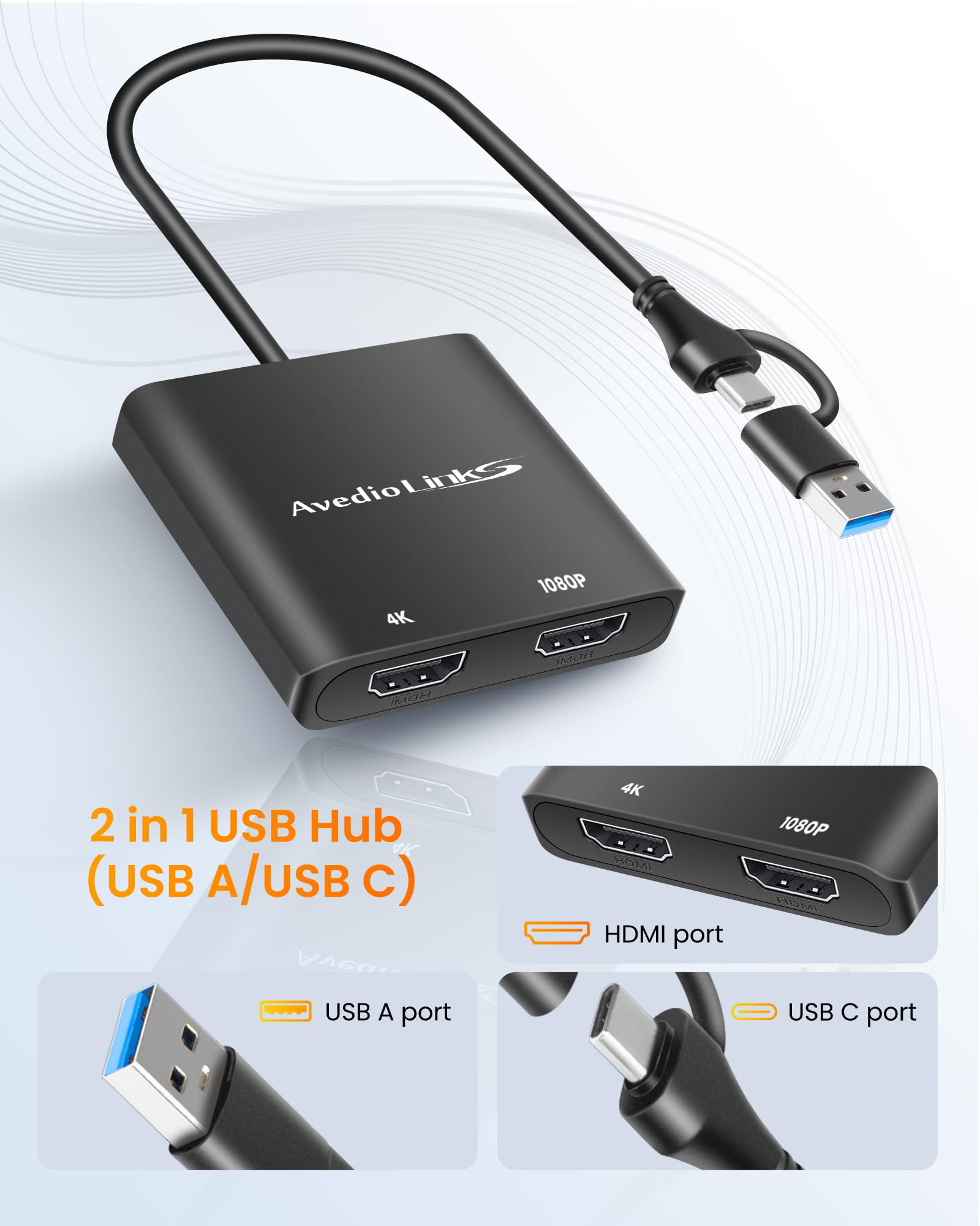 Avedio Links Usb C/Usb 3.0 To Hdmi Splitter Extended Display, Usb C To Hdmi Adapter For Windows And Mac Os, Support Displaylink