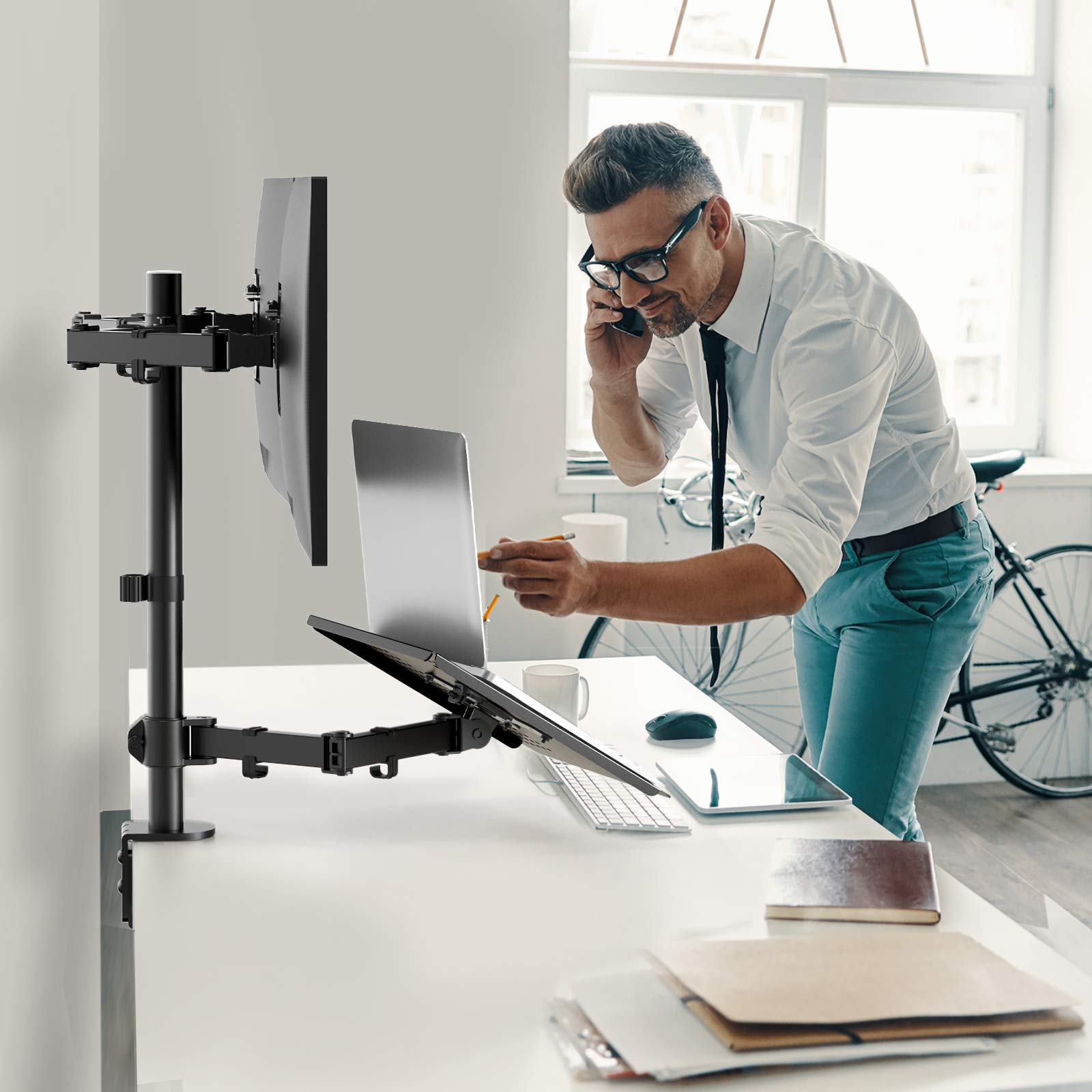 Huanuo Laptop Mount, Height Adjustable Dual Monitor Mount With Laptop Keyboard Tray Fit Two 13 To 27 Inch Flat Curved Computer Screens And 10 To 17 Inch Notebooks