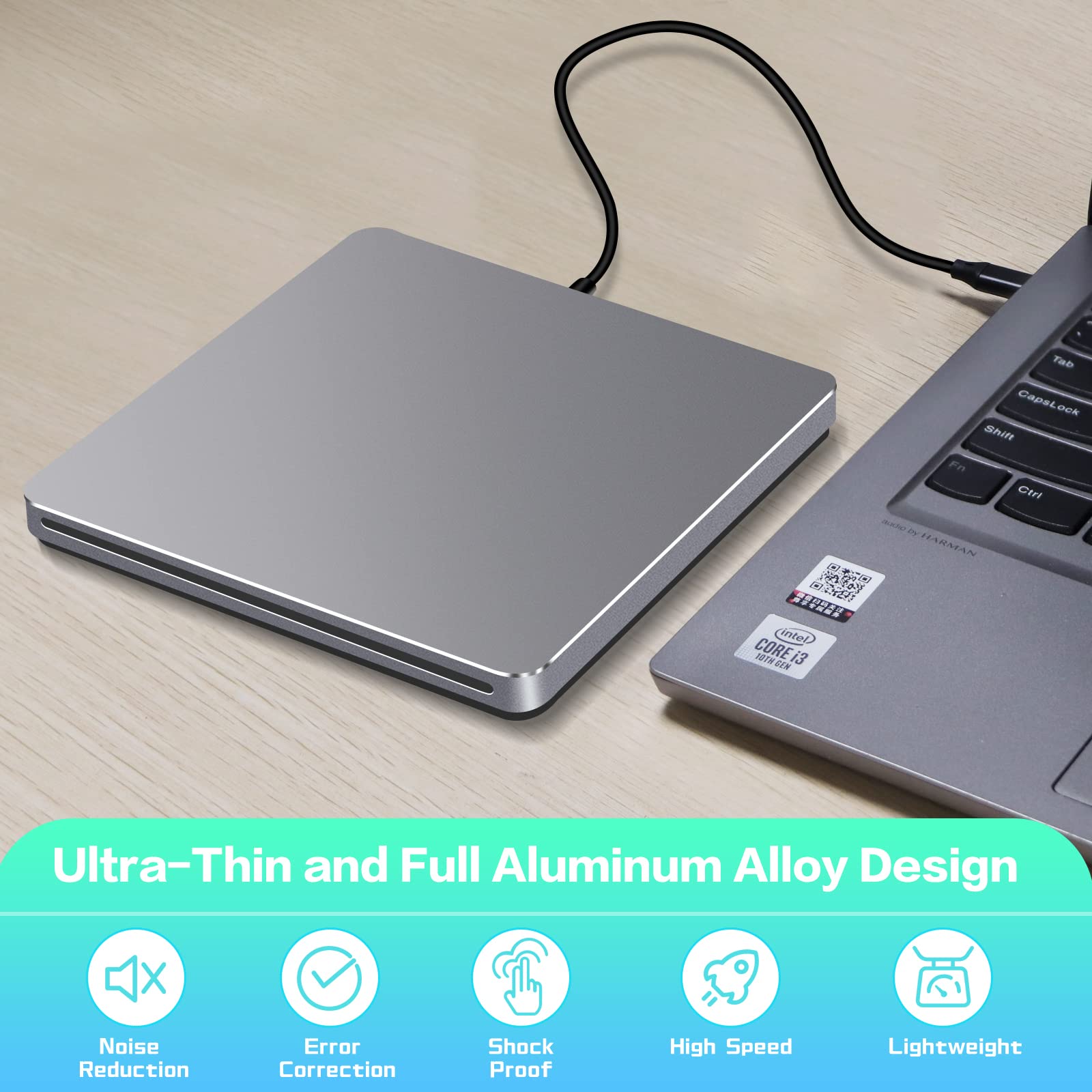 Nolyth External Dvd Drive Usb C Superdrive For Apple, Slot In Cd Drive For Mac, Portable Cd Burner Cd/Dvd External Drive, Alumin
