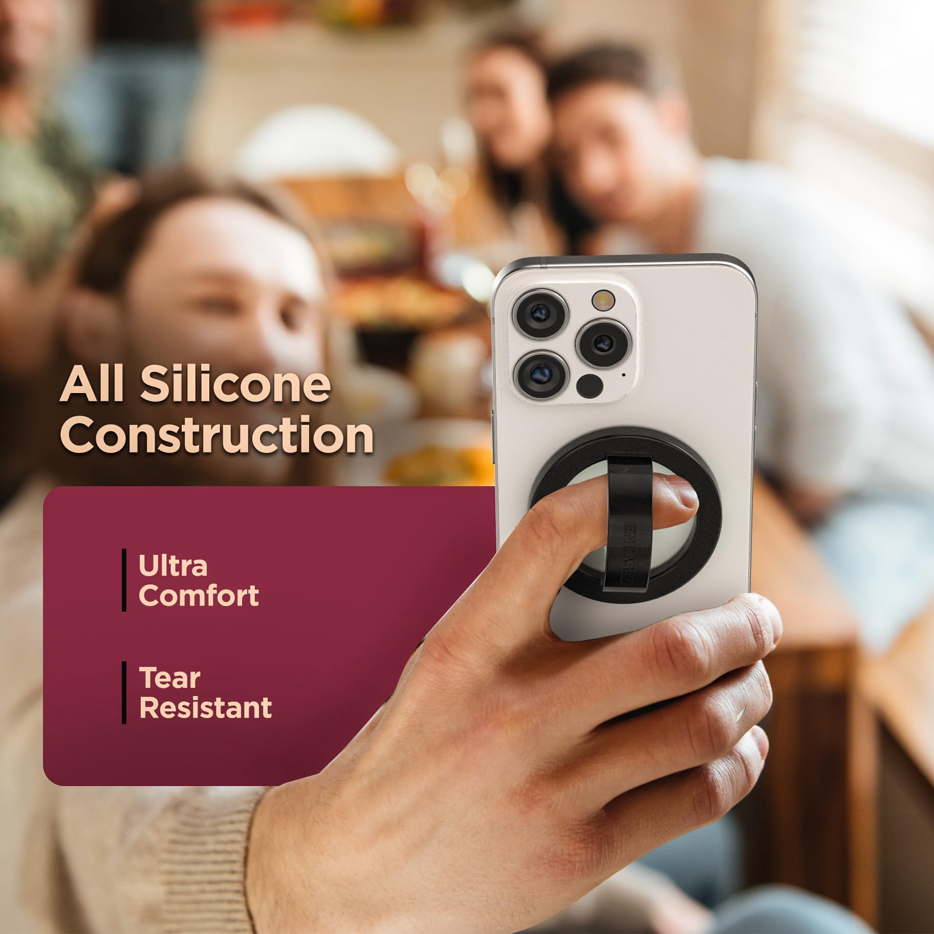 Encased Magnetic Phone Grip Holder (Compatible With Magsafe) Thin Silicone Finger Loop Ring For Iphone (Black)