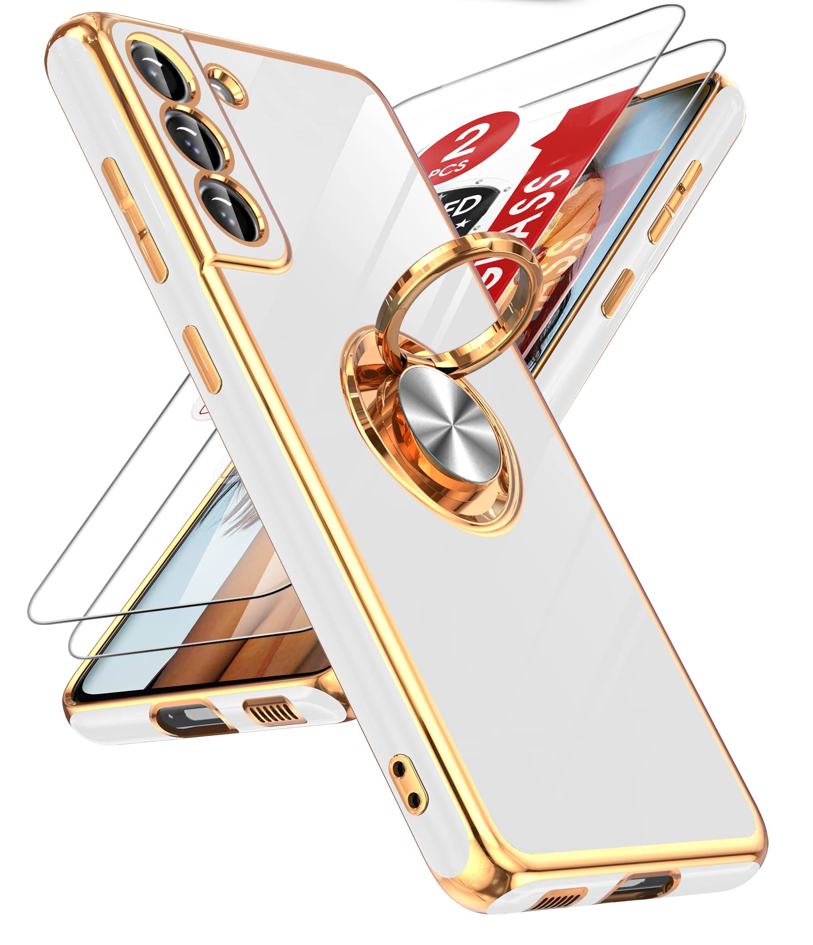 Leyi For Samsung Galaxy S21 Fe 5G Case With Tempered Glass Screen Protector [2 Pack] 360    Rotatable Ring Holder Magnetic Kicks