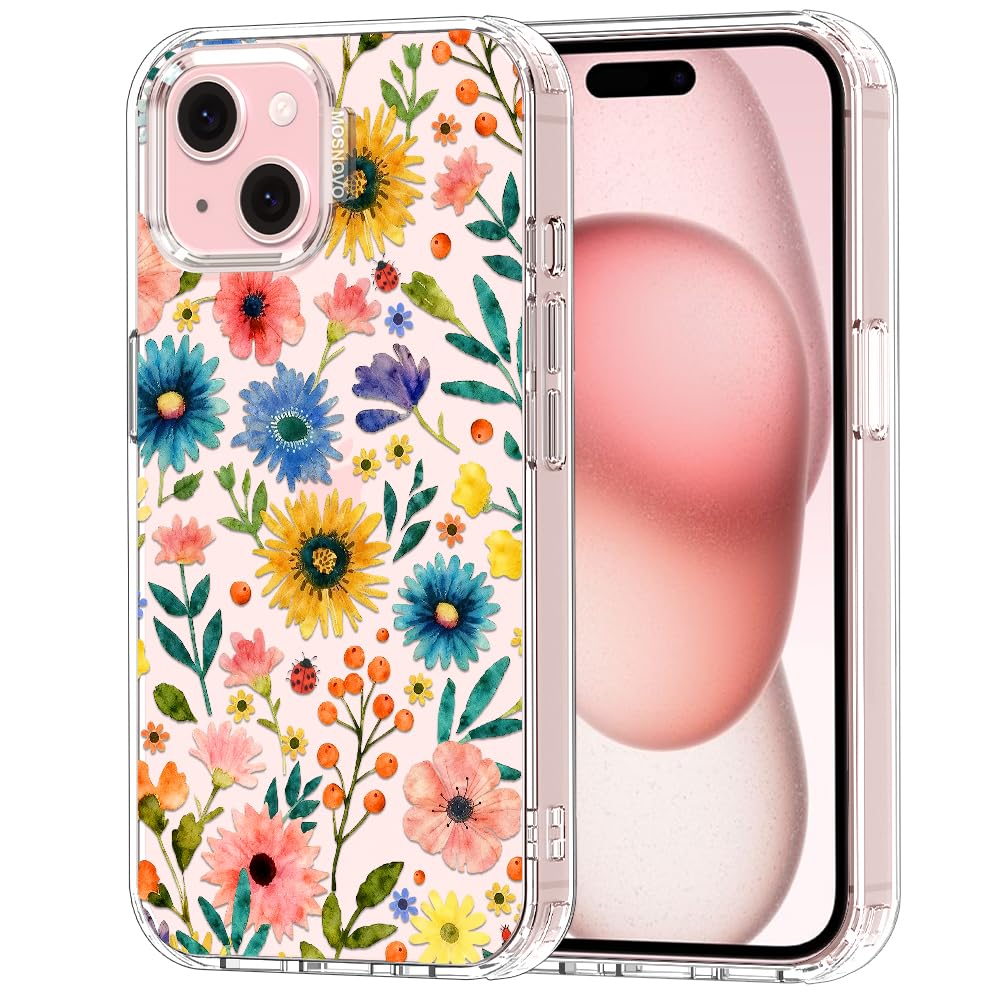 MOSNOVO for iPhone 15 Case, Shockproof Military-Grade Protection 6.6ft Drop Tested, Clear Phone Case for iPhone 15, Wildflower B
