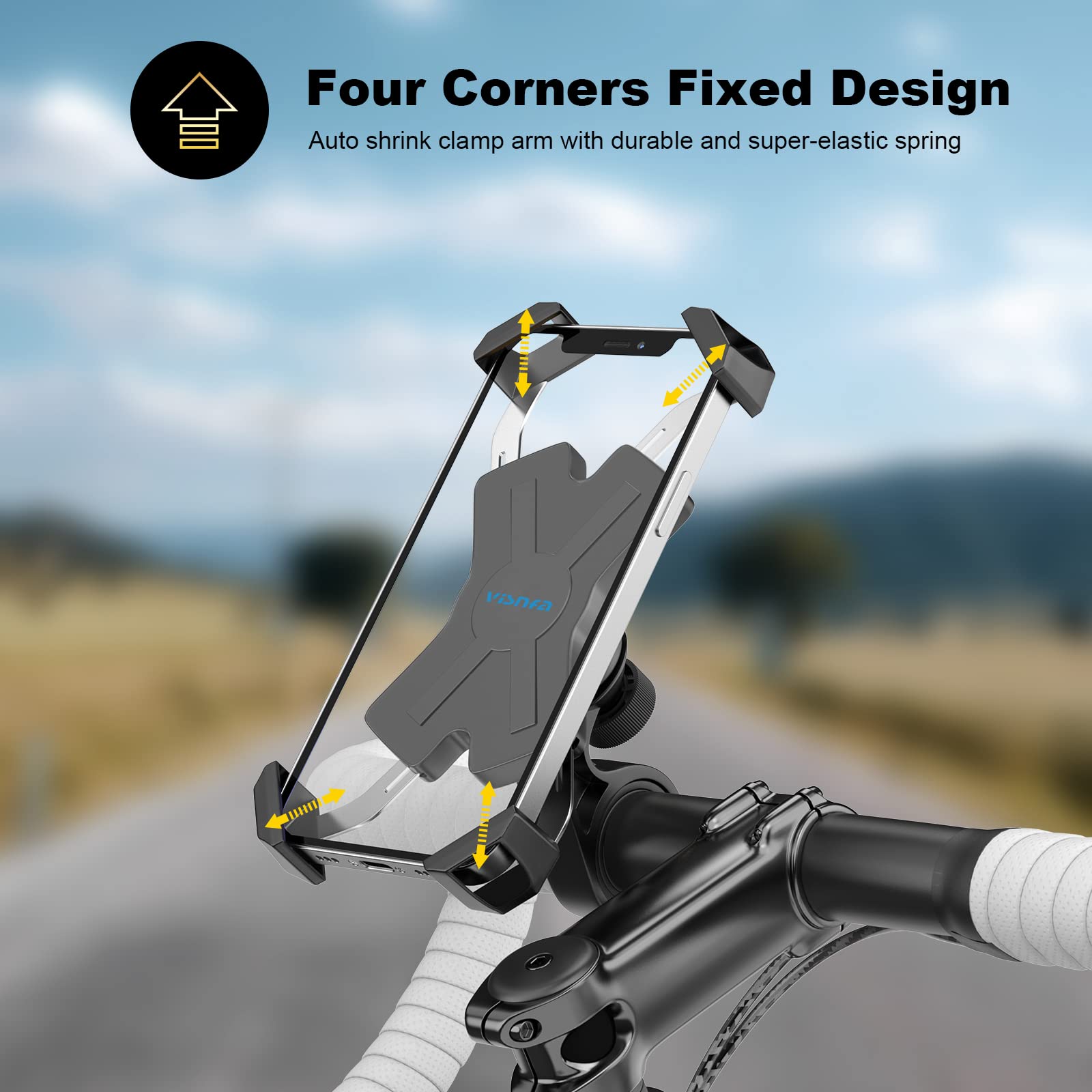 visnfa Bike Phone Mount, Stainless Steel Clamp, Anti-Shake, 360° Rotation, Fits 4-7" Devices, Black, Model PB04-AC180828