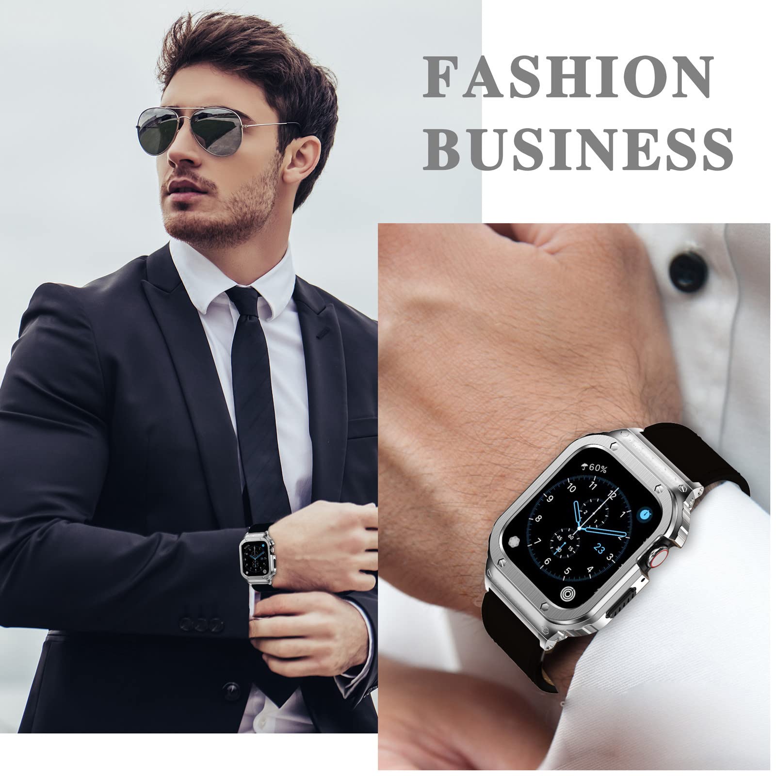 Suplink Stainless Steel Case And Bands Compatible With Apple Watch Bands 45Mm,Leather Strap Rugged Cover For Iwatch Bands Series