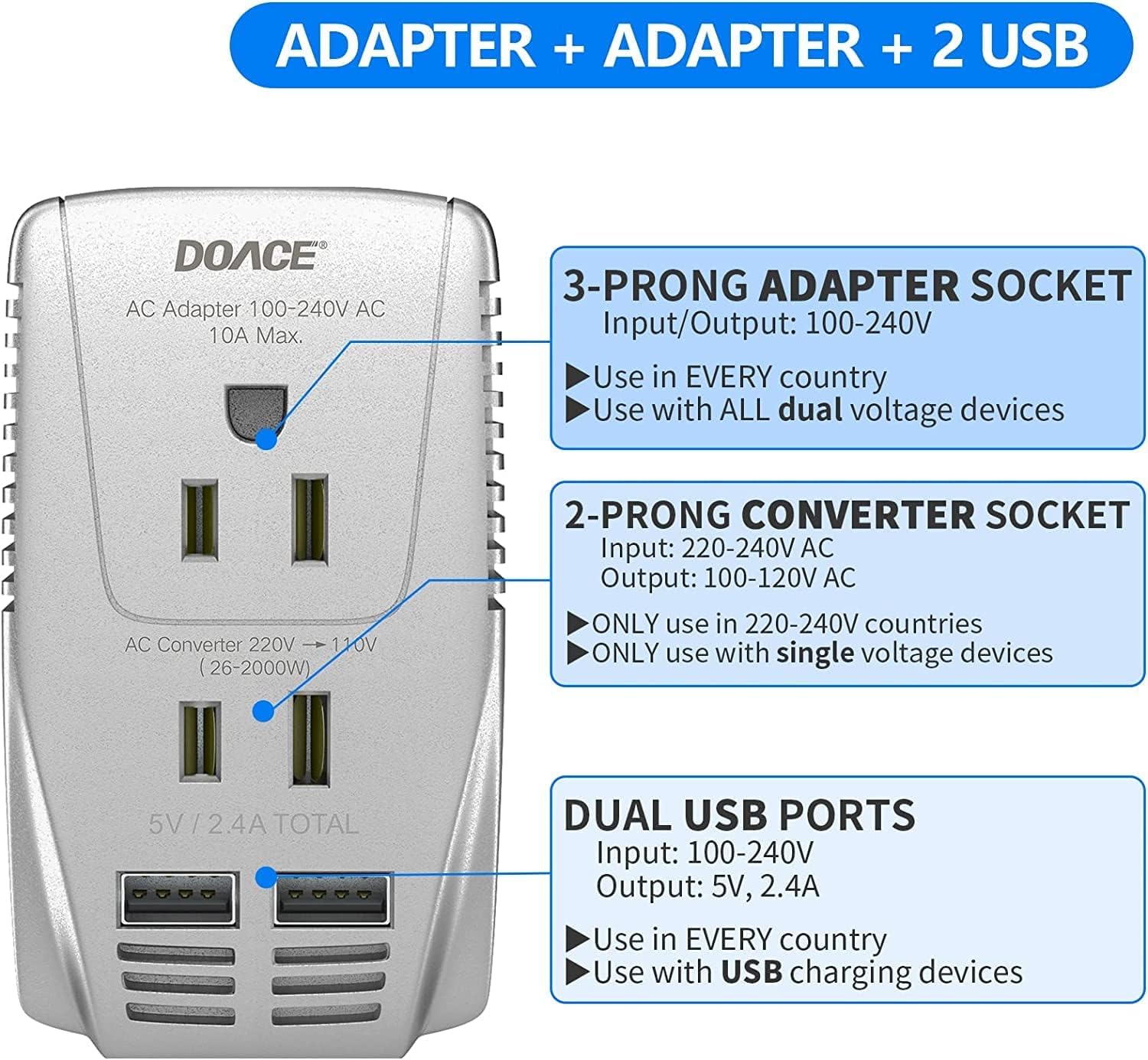 220V To 110V Converter, Doace 2000W Travel Voltage Converter For Hair Dryer Straightener Curling Iron, 10A Power Adapter With 2