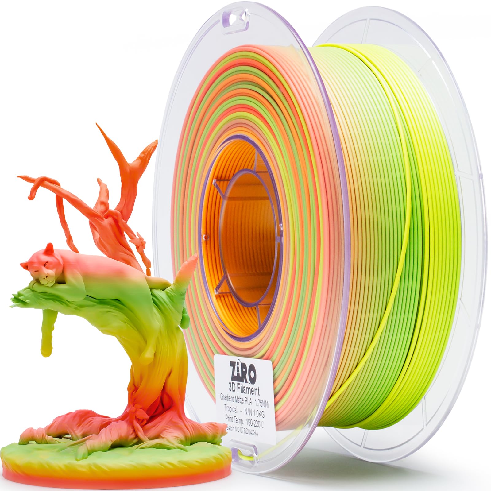 ZIRO 3D Printer Filament, Faster Color Change Filament 1.75mm, Color Gradient Material, No-Shine Rainbow PLA, Dimensional Accura