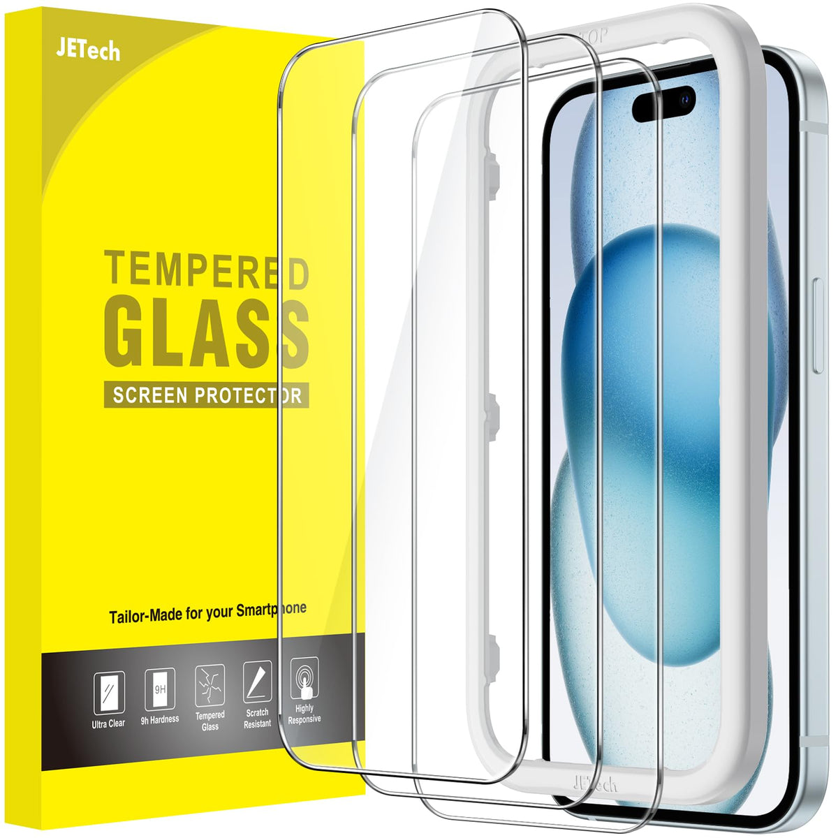 Jetech Screen Protector For Iphone 15 Plus 6.7 Inch, Tempered Glass Film With Easy Installation Tool, Case Friendly, Hd Clear, 3