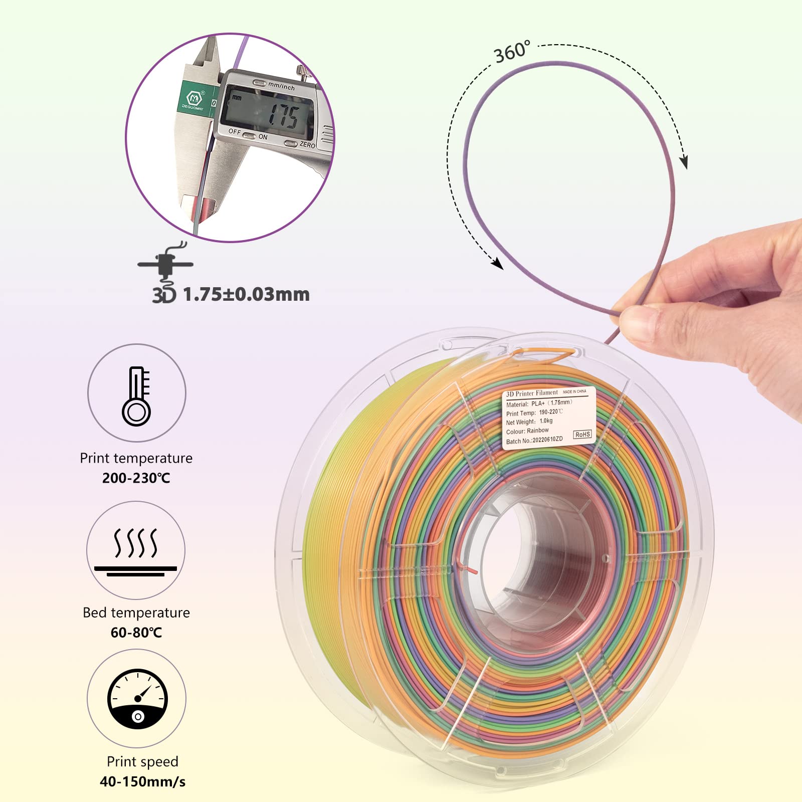 Pla+ 3D Printer Filament, Pla Filament 1.75Mm Rainbow Pla, Color Change Filament Dimensional Accuracy +/  0.02 Mm,1 Kg Spool