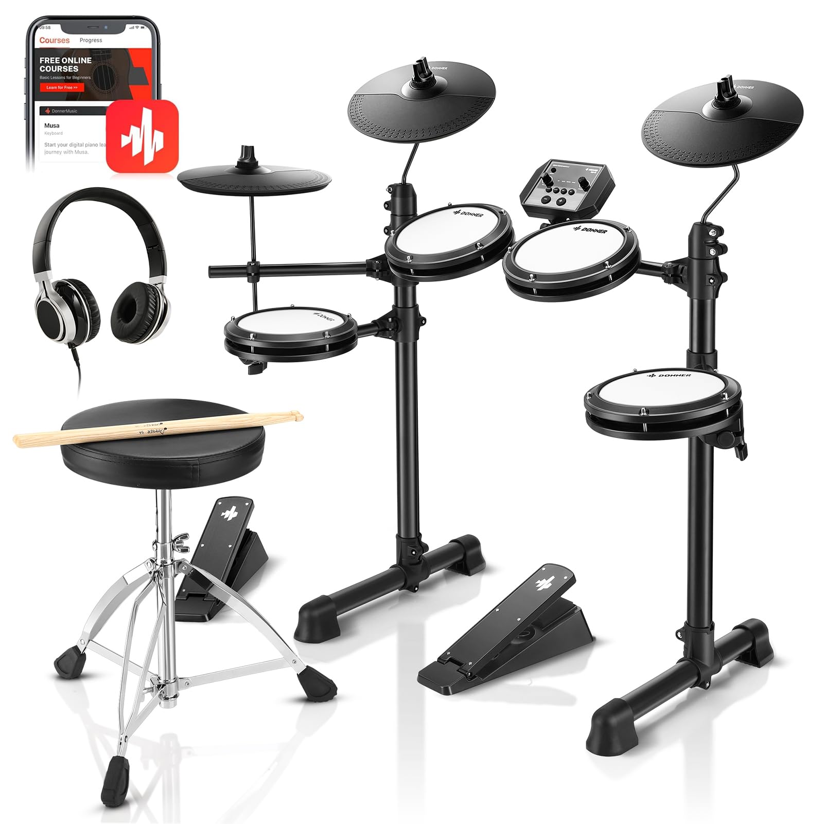 Donner DED-80 Electronic Drum Set with 4 Quiet Mesh Pads, 180+ Sounds, 2 Pedals, Throne, Headphones, Sticks, and Melodics Lesson