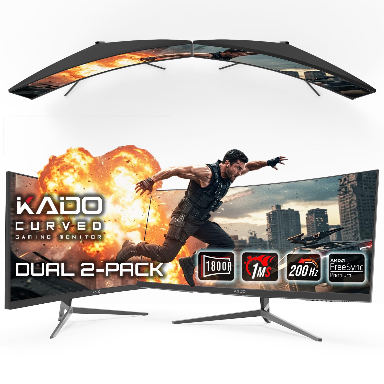 Kado Dual Gaming Monitor Setup - 2-Pack 30 Curved 1800R 200Hz 1ms Ultrawide 21:9 2560x1080 Computer Monitor, Stacked Gaming AMD