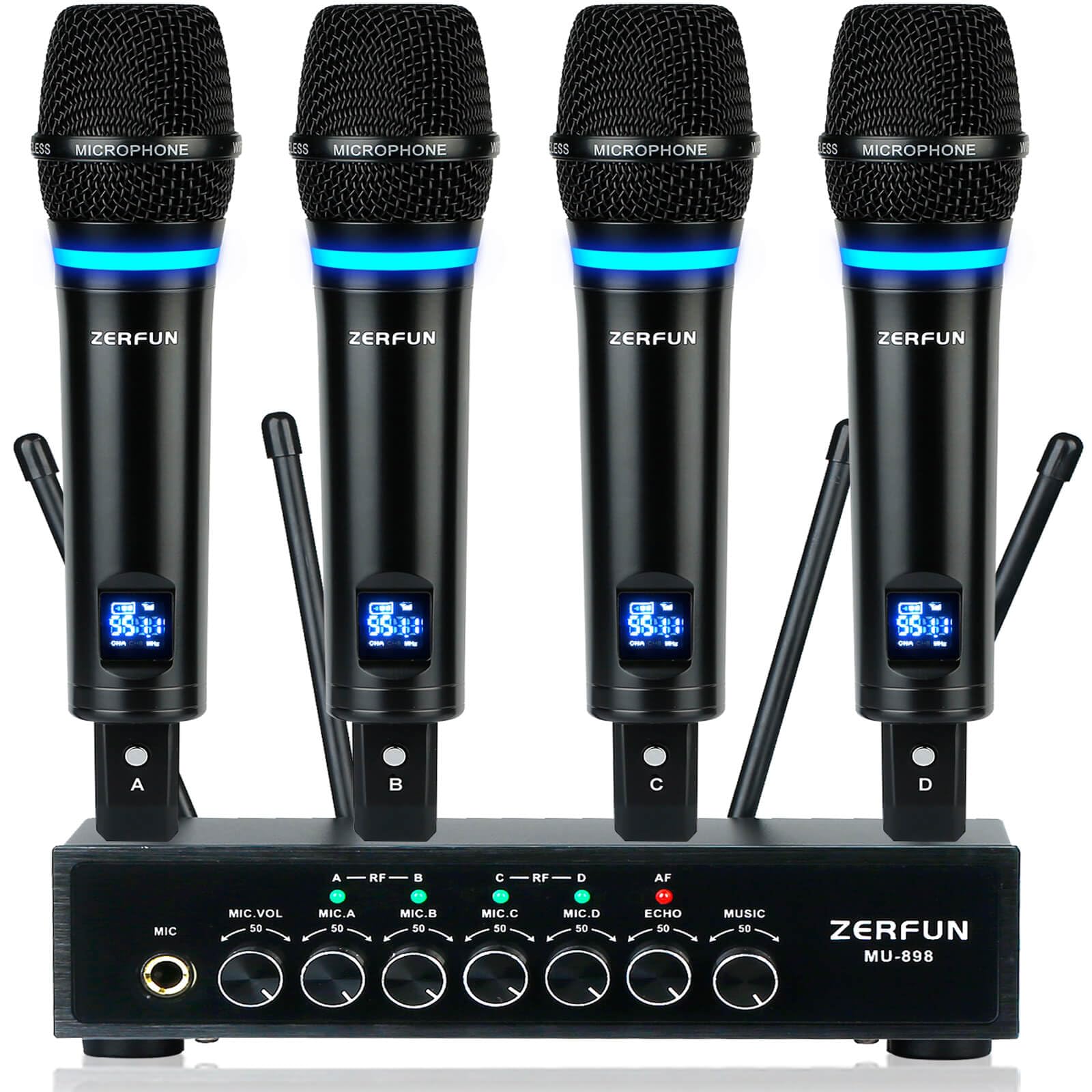 ZERFUN 4 Channel Rechargeable Wireless Microphone System, Pro UHF Metal Handheld Wireless Microphones Cordless Mics with Echo Bl