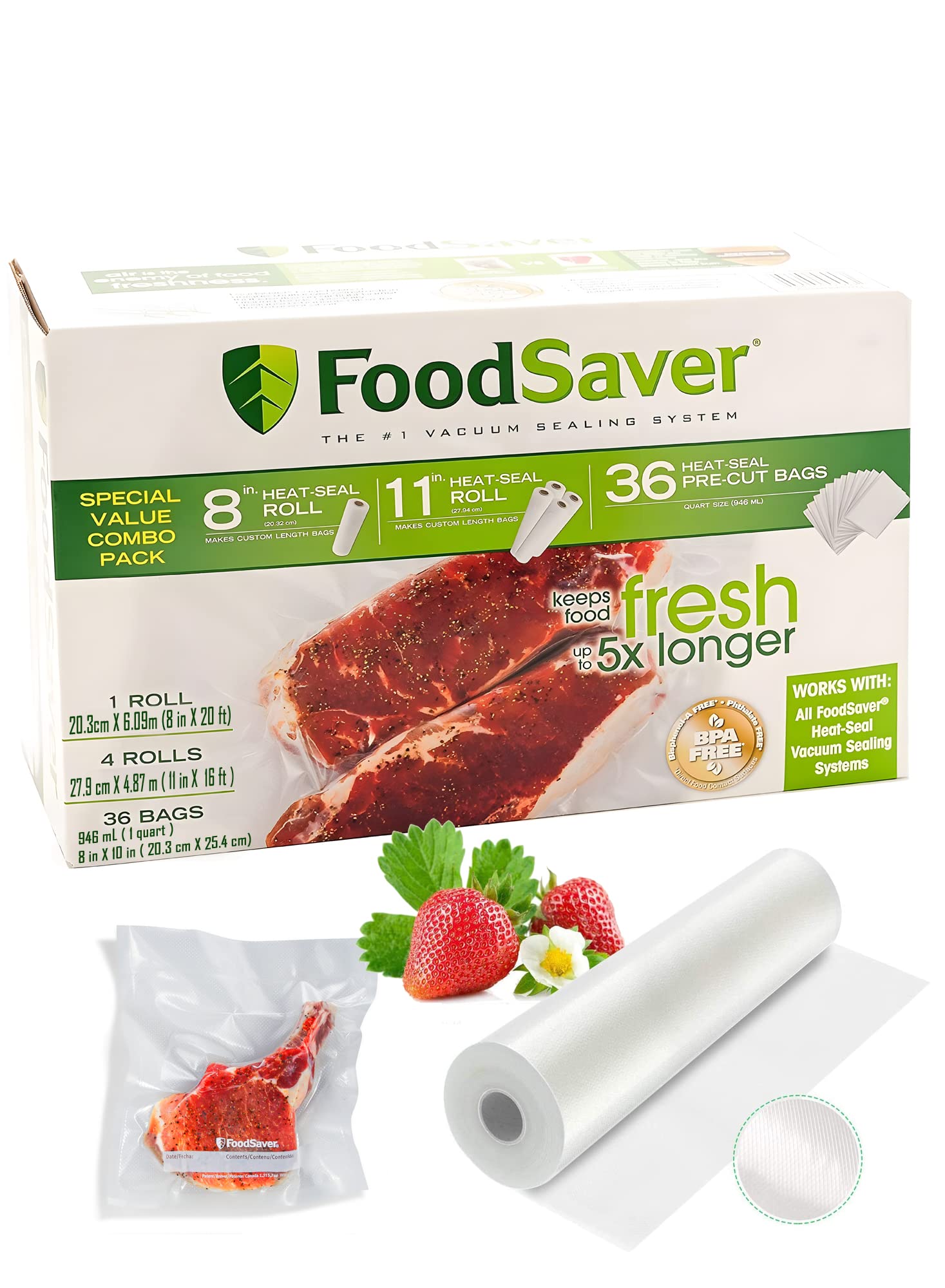 Foodsaver B005Siqkr6 Special Value Vacuum Seal Combo Pack 1 8'' 4 11'' Rolls, 1Pack (36 Pre Cut Bags), Clear