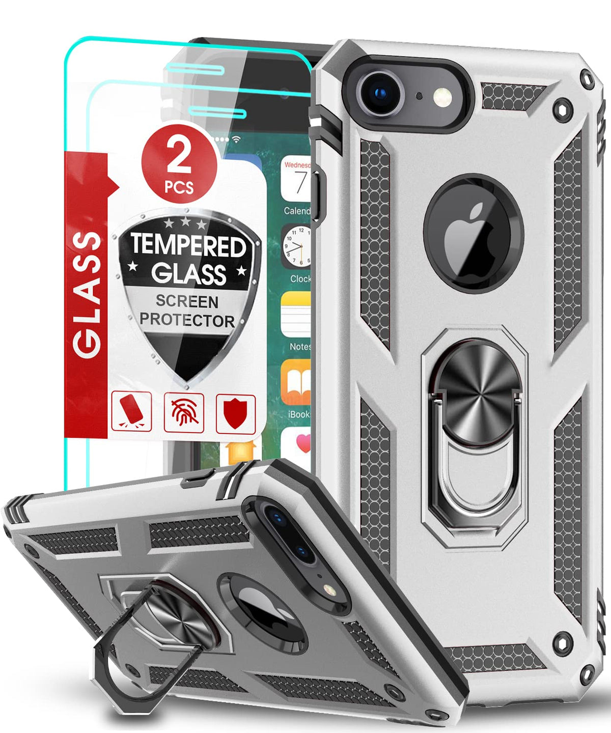 Leyi Iphone 8/7/6S/6 Case (2 Pack), Silver, Cellular Phone Case With Tempered Glass Screen Protector & Kickstand Ring