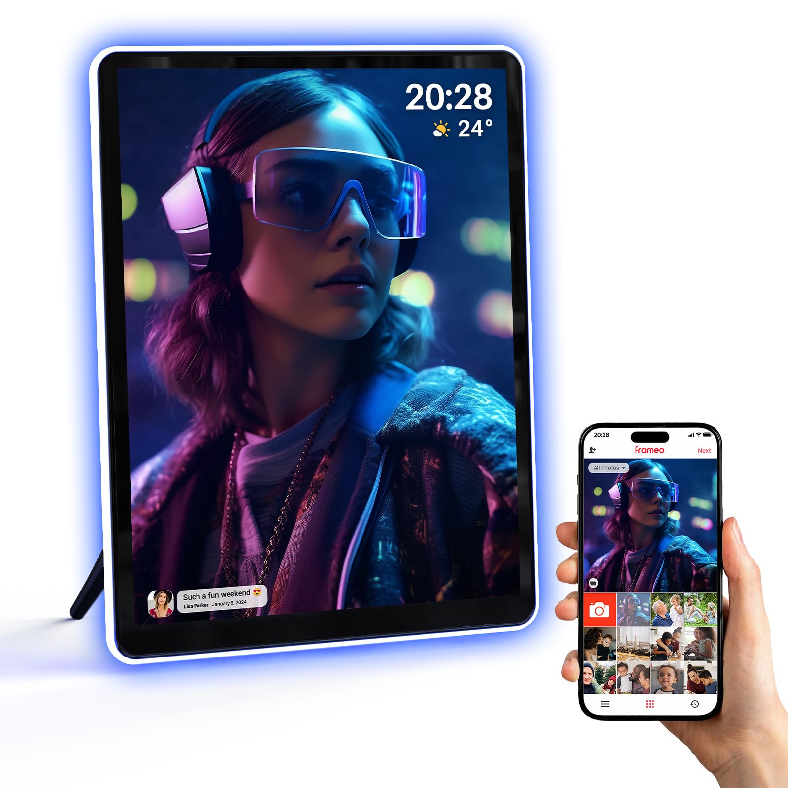Apolosign 9.7'' Neon Light Digital Frame, 2K Resolution, The Best Digital Picture Frame For Gifting | With 2.5D Glass Ips Touchs