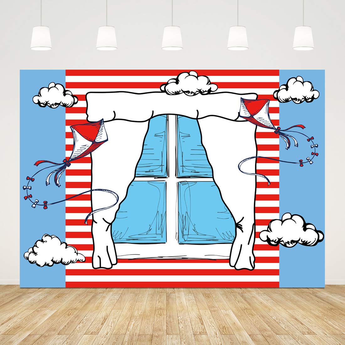 Ticuenicoa 7X5Ft Cartoon Window Backdrops For Photography Kids Birthday Party Background Blue Red Kite Striped Kids Baby Shower Party Backdrop Boys Girls 1St Birthday Decorations Cake Table Banner