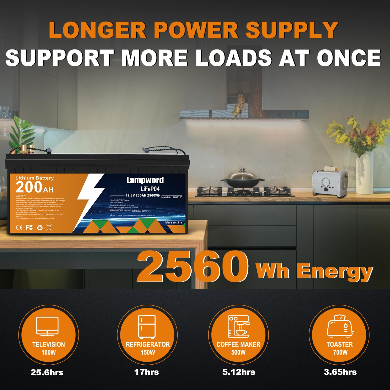 Lampword 200Ah Lifepo4 Battery 4000+ Deep Cycle Lithium Battery 12V For Power Wheels 12V,Marine,Trolling Motor/Golf Cart/Solar A