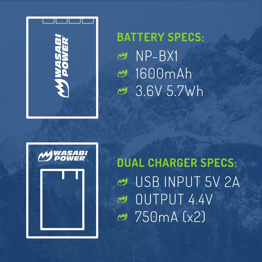 Wasabi Power NP BX1 Battery (2 Pack) and Dual USB Charger for Sony NP BX1/M8, ZV 1, ZV 1 II, Cyber Shot DSC HX95, HX99, HX350, RX1, RX1R II, RX100 (II/III/IV/V/VA/VI/VII), FDR X3000, AS300, and More