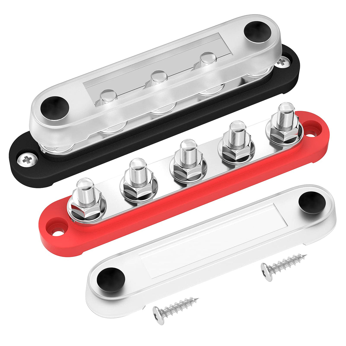 Daiertek 12V Bus Bar 5 X 5/16'' (M8) Terminal Studs 12V Power Distribution Block With Cover Max 300V Ac 48V Dc Positive & Negati