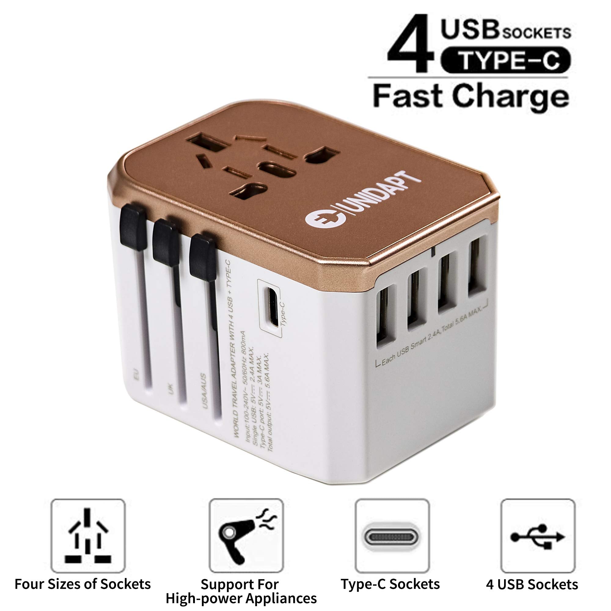International Plug Adapter, Unidapt Travel Adapter Worldwide   All In One Universal Charger Usb Travel Power Adaptor With 5 Usb
