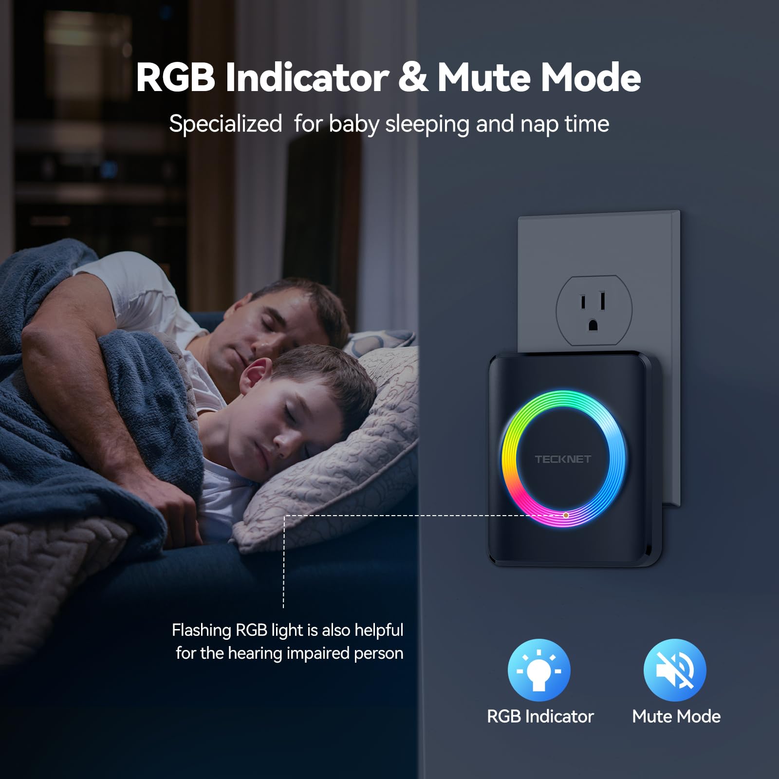 Tecknet Wireless Doorbell With 2 Plug In Receivers, Ip65 Waterproof Doorbells For Home With Rgb Light, 1300Ft Operating Range, 6