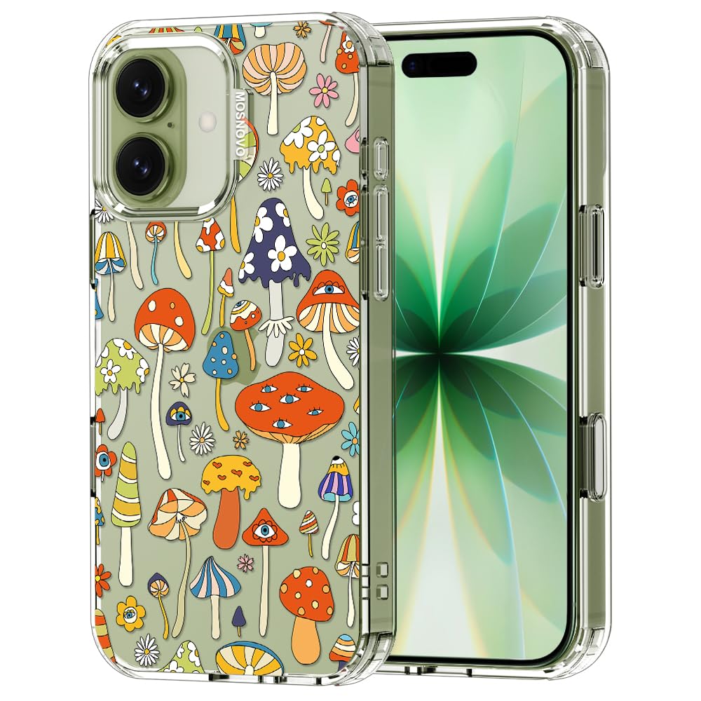 MOSNOVO for iPhone 17 Case | Military Grade 6.6ft Drop Tested | Camera Control | Clear with Mushroom Art Design