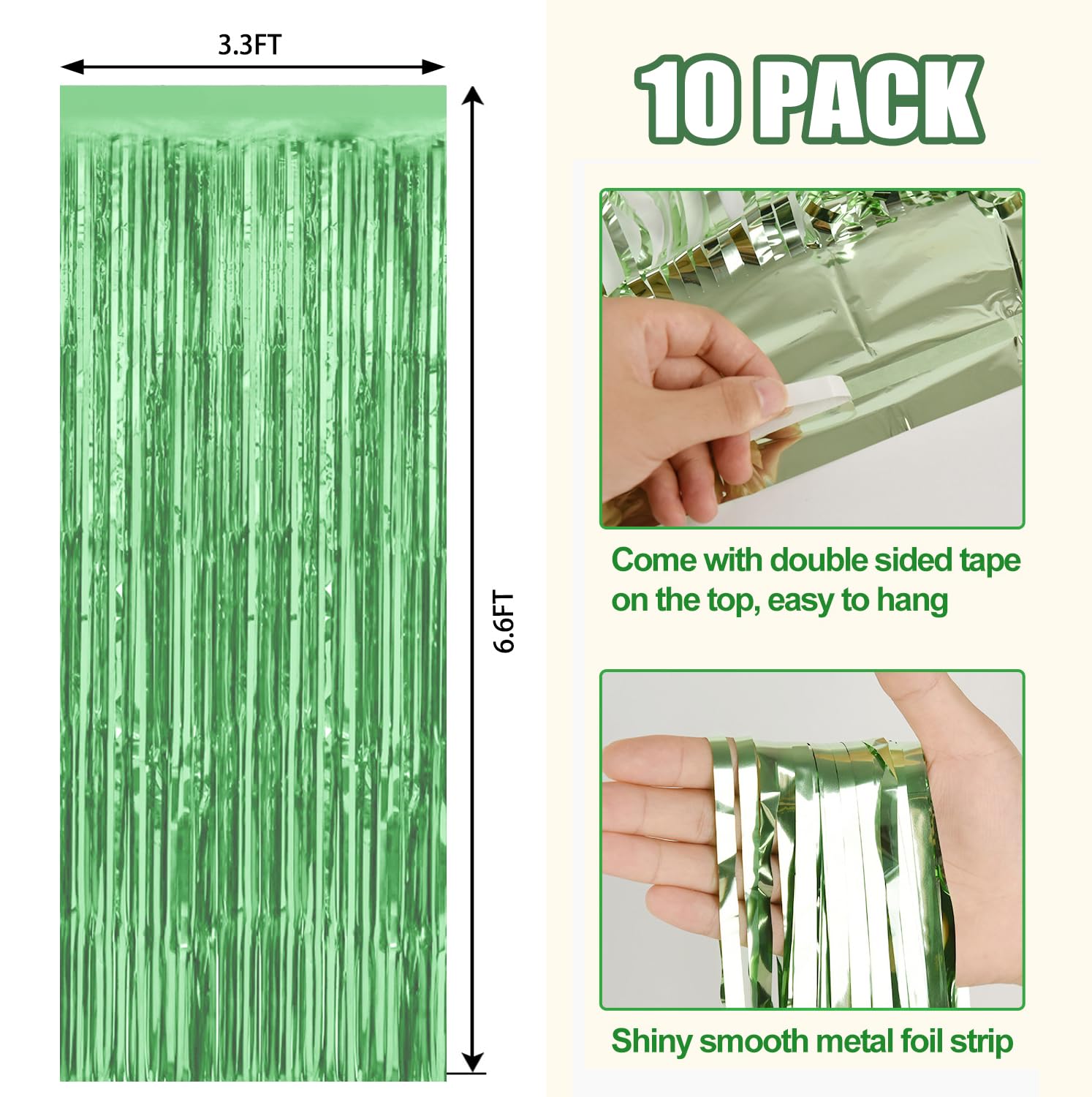 10 Pack Light Green Metallic Tinsel Foil Fringe Curtains Party Photo Backdrop Party Streamers For Birthday,Graduation,New Year E