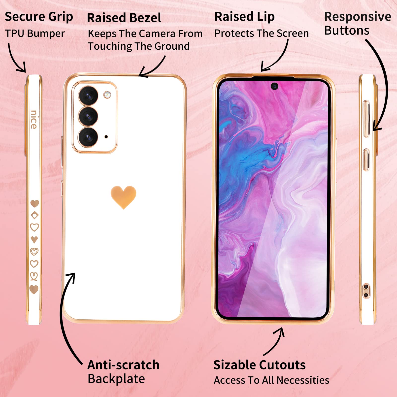 Shorogyt (3In1 Heart Case For Samsung Galaxy Note 20 5G/4G 6.7 Inch Women Cute Aesthetic Love Hearts Pattern Girls White Gold Lu