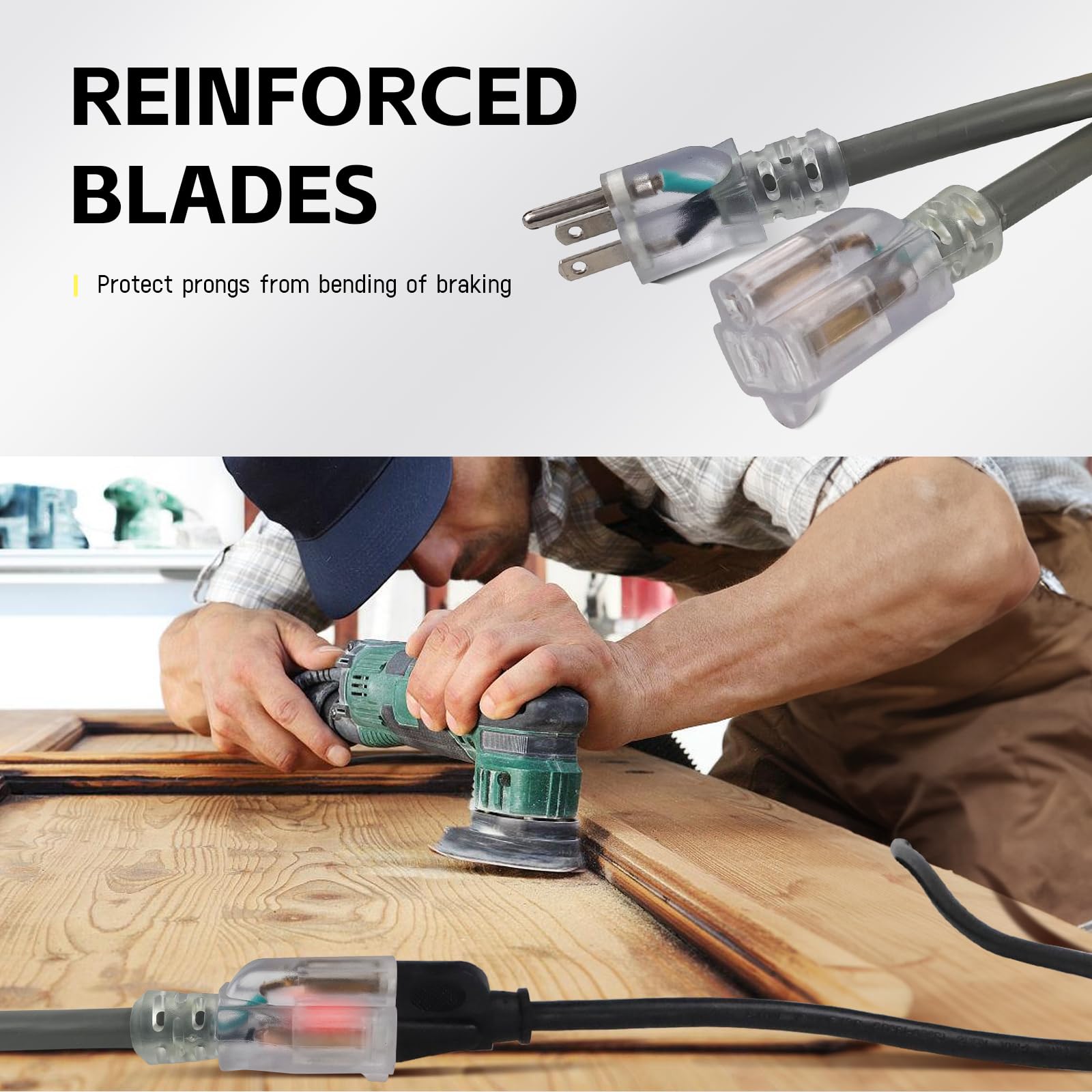 Ep 8 Ft Lighted Outdoor Extension Cord   12/3 Sjtw Heavy Duty Grey Extension Cable With 3 Prong Grounded Plug   Power Cord For L