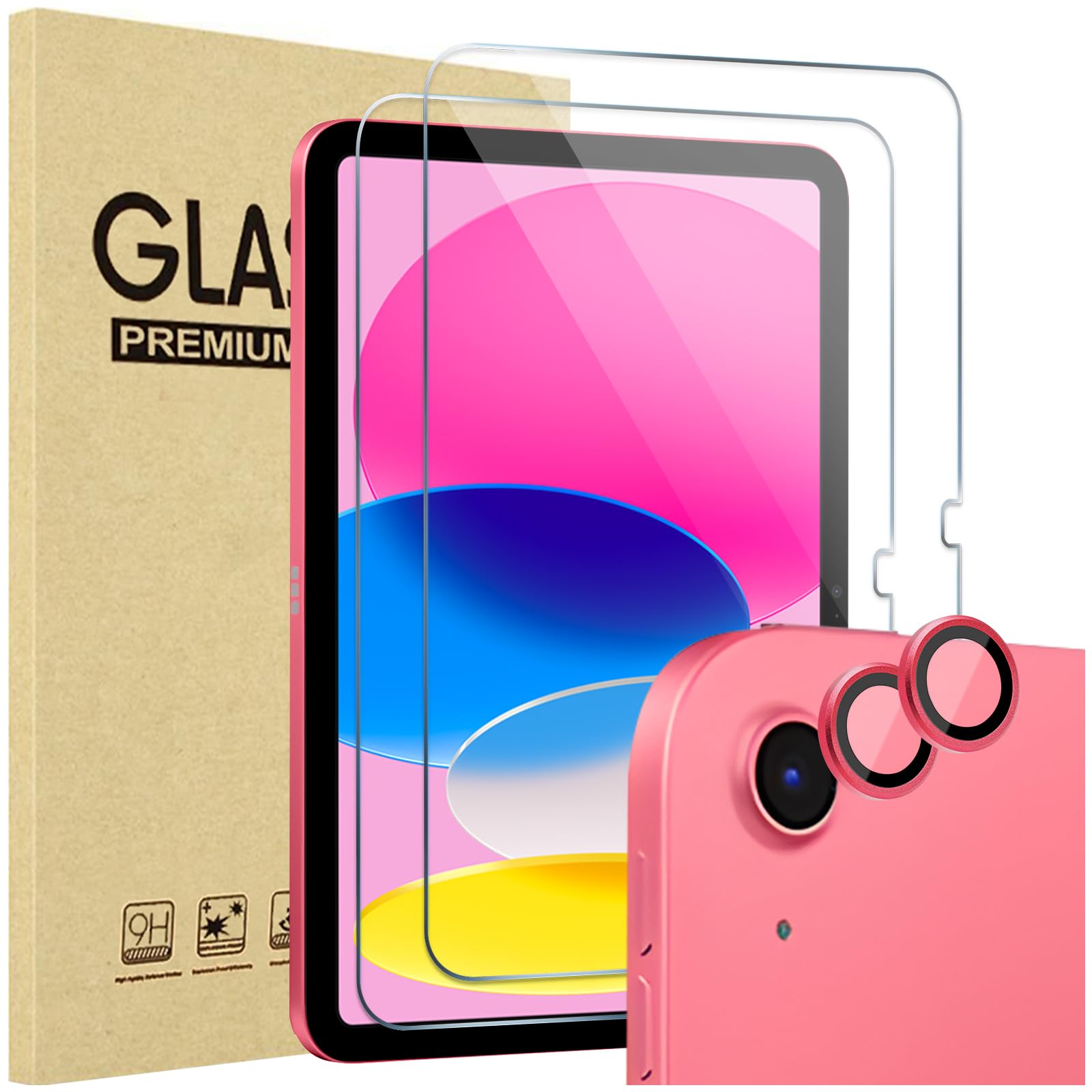 Procase 2 Pack Screen Protector For Ipad 10Th Generation + 2 Pack Camera Lens Protector Matching Ipad Colors, Tempered Glass Film For Ipad 10 10.9 2022  Pink