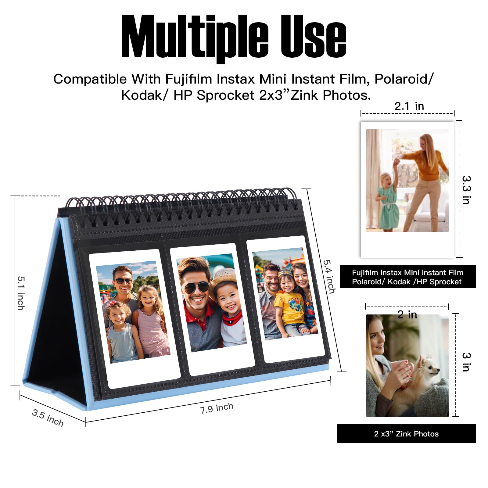 Mini Photo Album For Fujifilm Instax Mini Camera, 96 Pockets Photo Album For Polaroid, Leather Desktop Display Album For Instax Mini 12 11 9 40 8 7 Evo Liplay Instant Camera, 2X3 Photo Album (Blue)