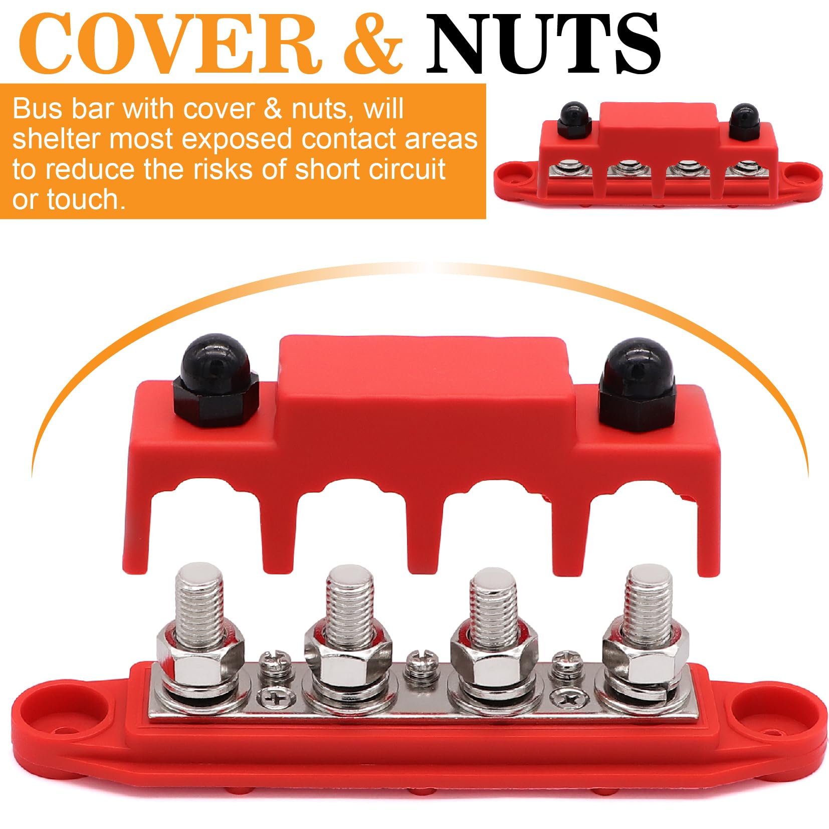 Taukealugs 250A Power Distribution Block Bus Bar 3/8 Inch Battery Terminal Stud 4 Post With Cover And Wire Lugs For Marine Autom