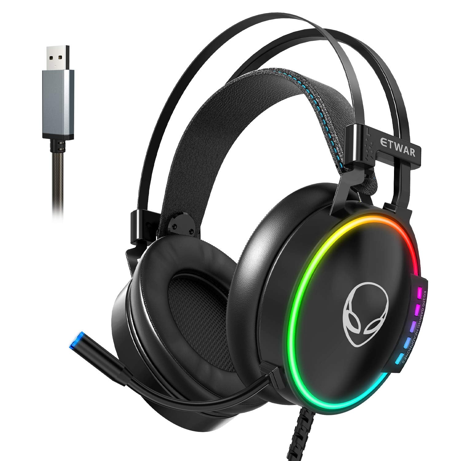 Etwar Usb Gaming Headset For Pc   7.1 Surround Sound Headphones With Noise Cancelling Microphone  Rgb Lights Headphones For Lapt