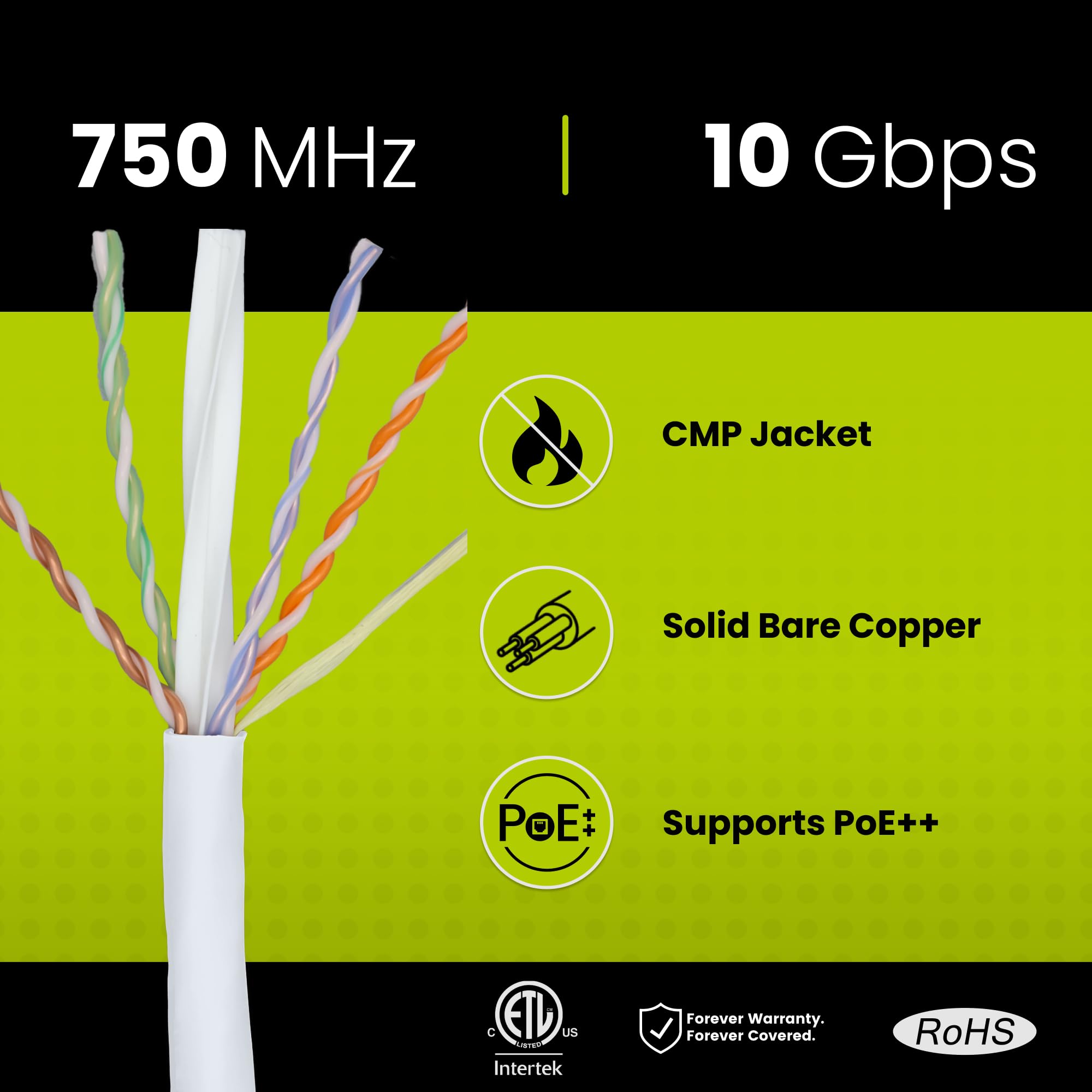 Truecable Cat6A Plenum (Cmp), 1000Ft, White, 23Awg 4 Pair Solid Bare Copper, 750Mhz, Poe++ (4Ppoe), Etl Listed, Unshielded Twisted Pair (Utp), Bulk Ethernet Cable