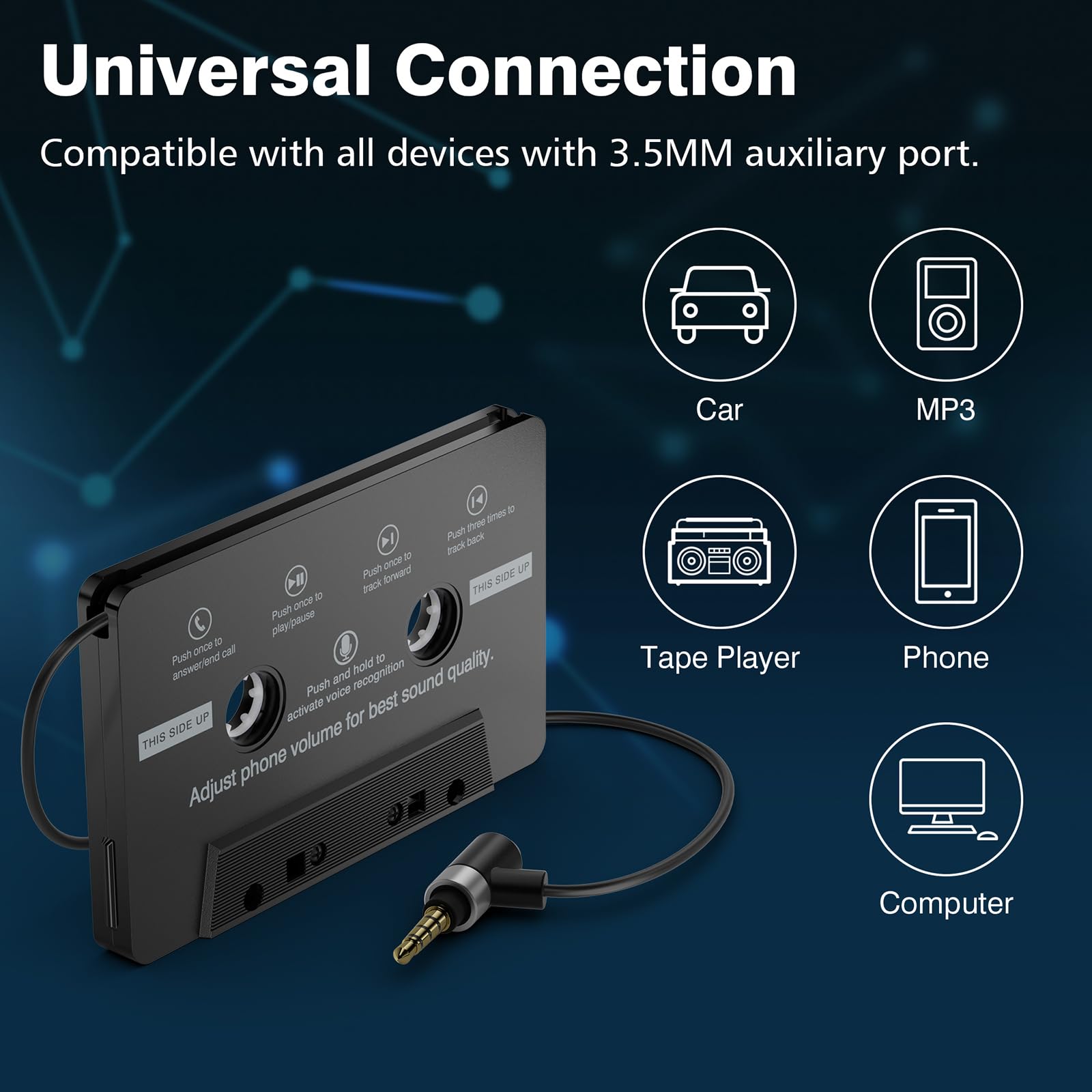 Car Cassette Aux Adapter With Microphone, 3.5Mm Cable Audio Cassette Tape Adapter Player For Car, Mp3, Phone, 3.2 Feet Cable