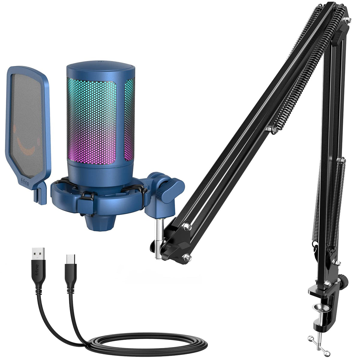 Fifine Usb Gaming Streaming Recording Pc Microphone Kit, Rgb Condenser Computer Mic Bundle For Podcasts, Audio, Vocal, Video On 
