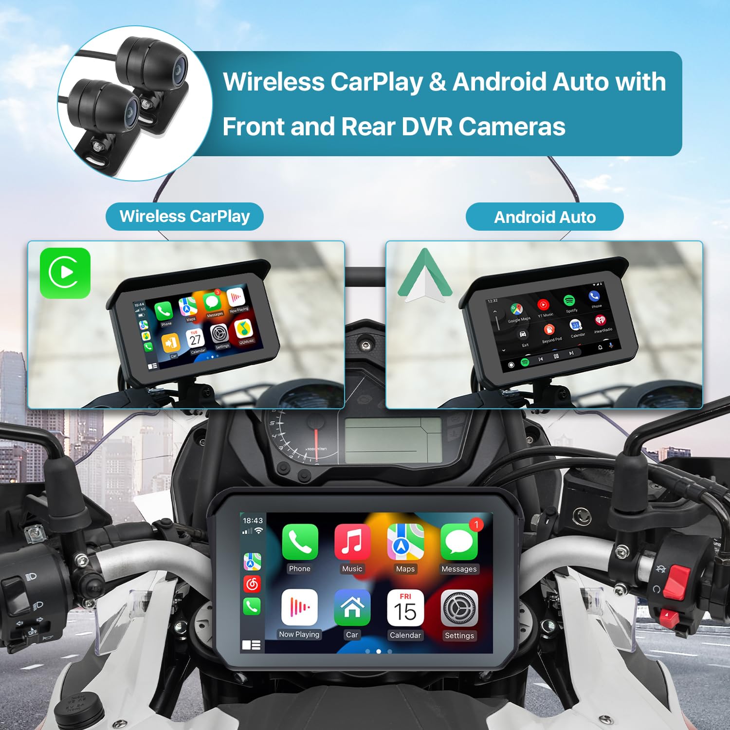 Motorcycle Dvr: Wireless Apple Carplay, Android Auto, Tpms, Dual Hd 1080P Cameras, Gps, G Sensor, Siri & Google Voice, 5 Inch Ip