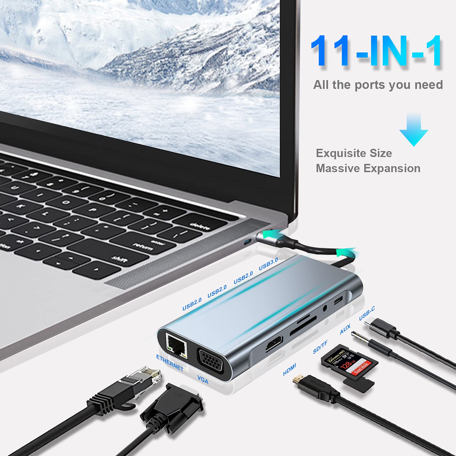 Usb C Hub, Usb C Adapter 11 In 1 Dongle With 4K Hdmi, Vga, Type C Pd, Usb3.0, Rj45 Ethernet, Sd/Tf Card Reader, 3.5Mm Aux, Docki