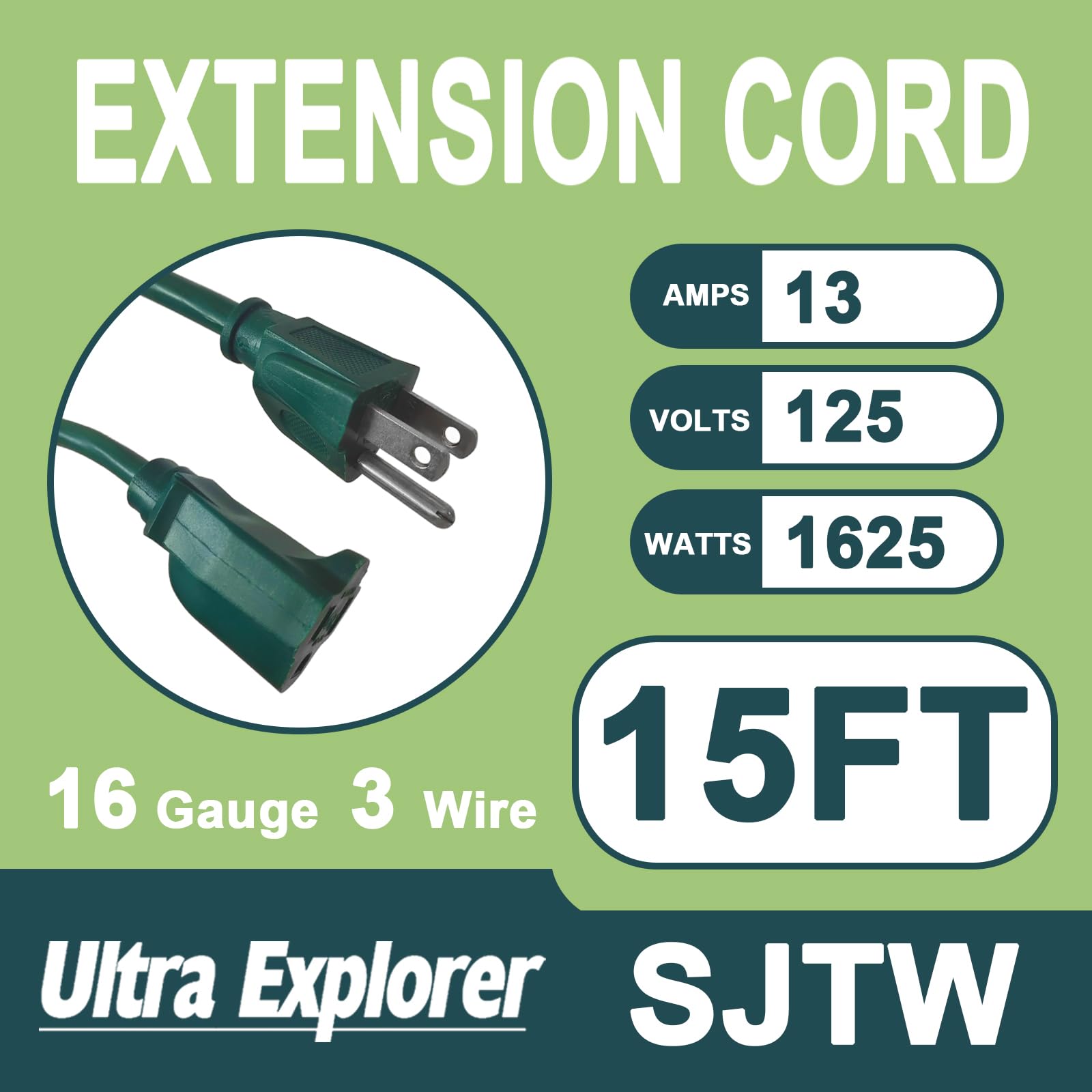 15 Ft 16/3 Indoor Outdoor Extension Cord Waterproof   16 Gauge 3 Prong Electric Cord, Sjtw, 13A 1625W 125V, Safe Extension Wire