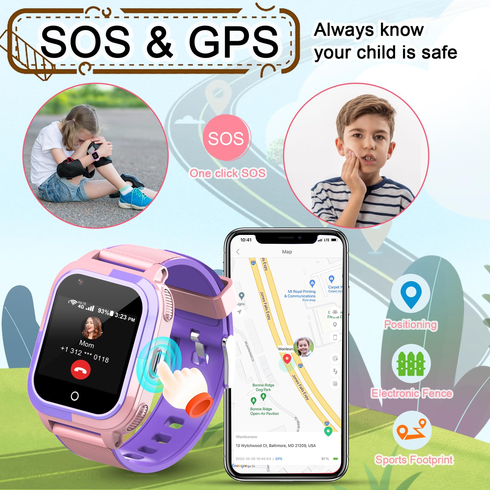 Wonlex Kids Smart Watch With Sim Card, 4G Kids Gps Tracker Support Whatsapp Line Real Time Calling Voice Message Sos Camera, Bir