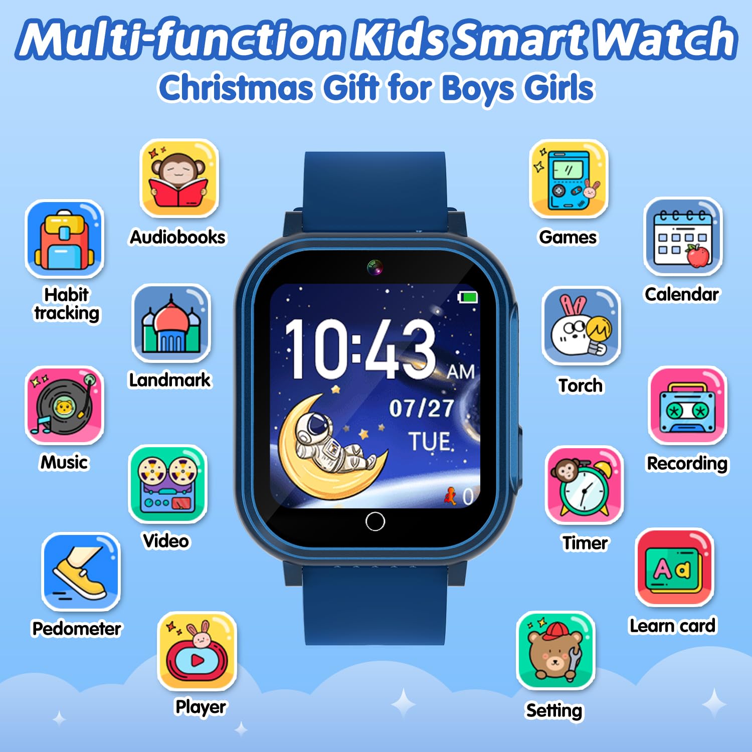 Kids Waterproof Smart Watch With 32 Games Dual Camera Music Player Pedometer Habit Tracking Hd Screen Protectors Lanyard Flashli