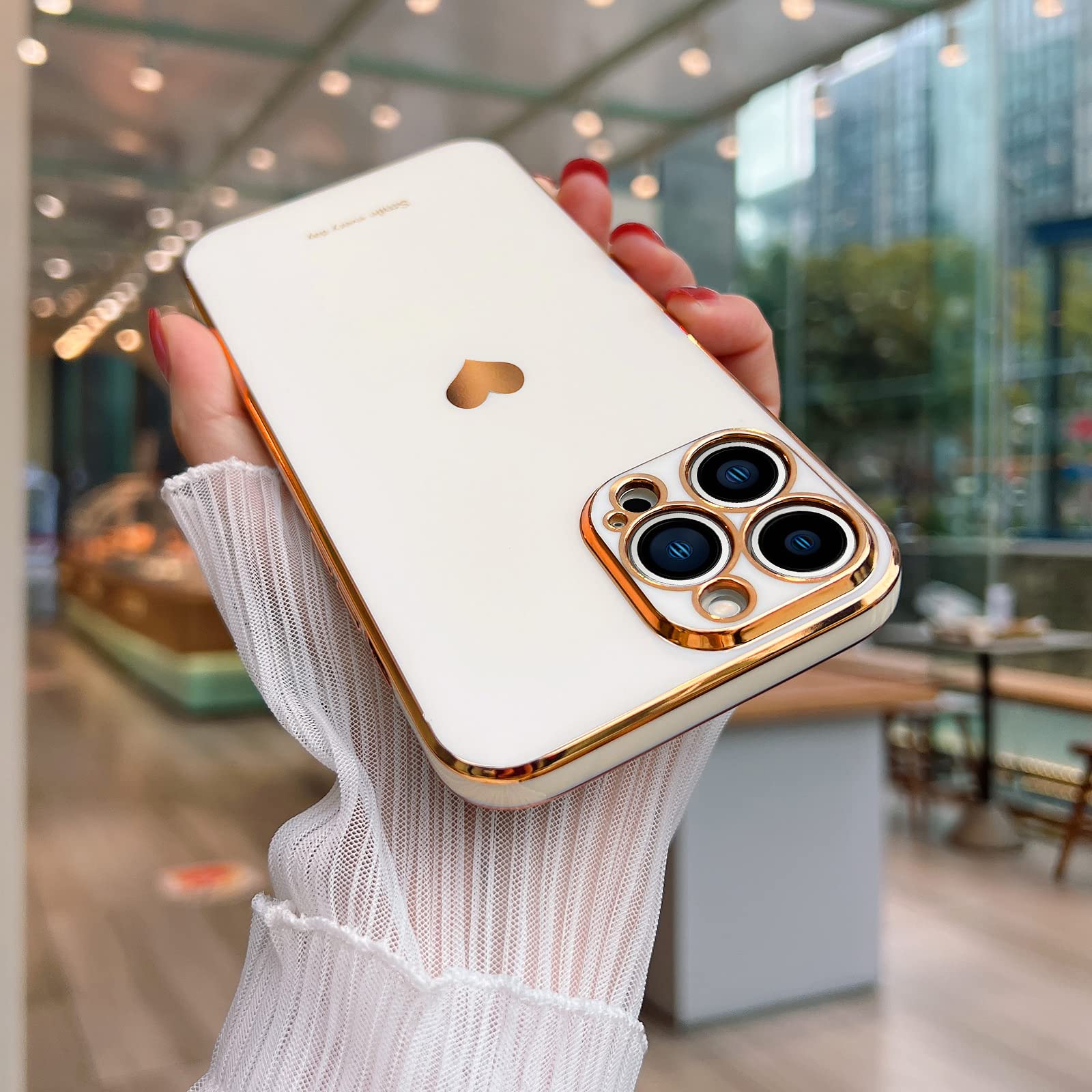 Teageo For Iphone 13 Pro Case For Women Girl, Cute Love Heart Luxury Bling Plating Soft Back Cover, Raised Full Camera Protectio