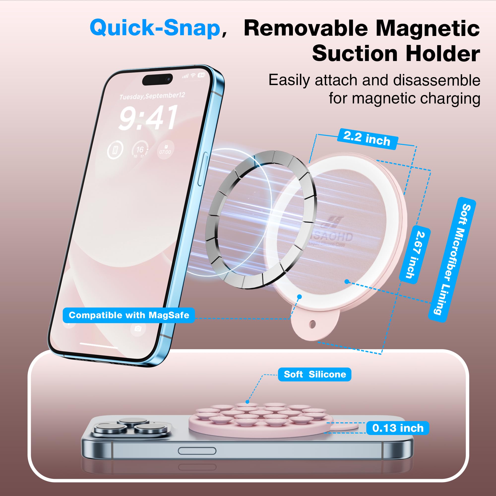Hsaohd Magnetic Suction Cup Mount For Magsafe Case, Silicone Hands-Free Grip Holder For Iphone And Android, Mirror Shower Phone