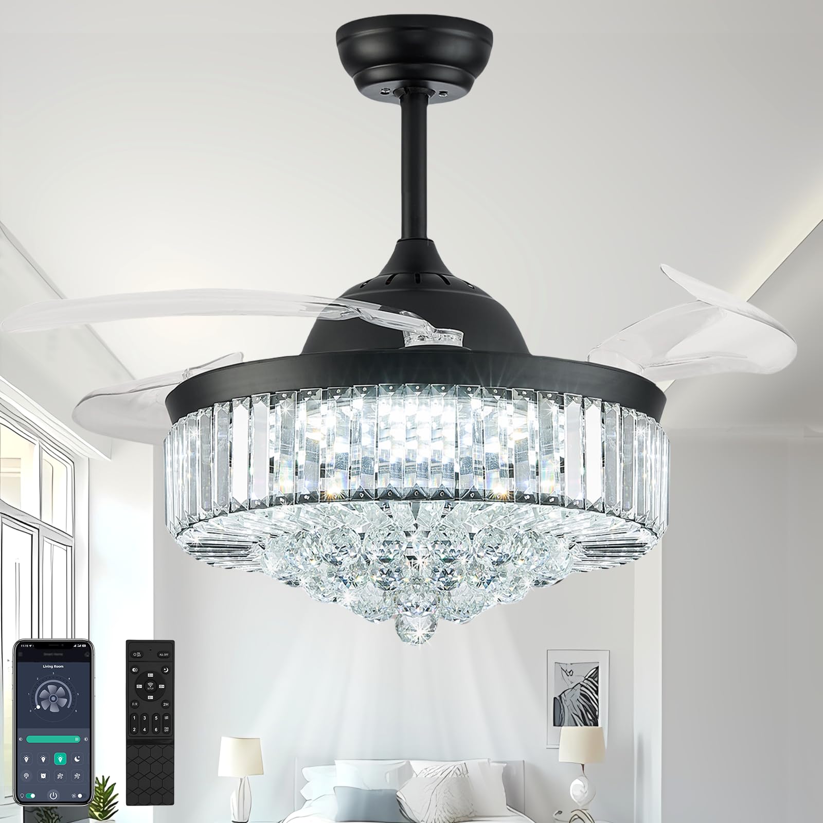 42'' Fandelier Ceiling Fans With Light, Chandelier Ceiling Fan, Retractable Crystal Ceiling Fan For Bedroom, Living Room, 3 Colo